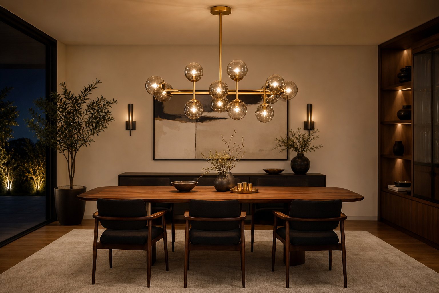 Glass chandelier centered above a dining table
