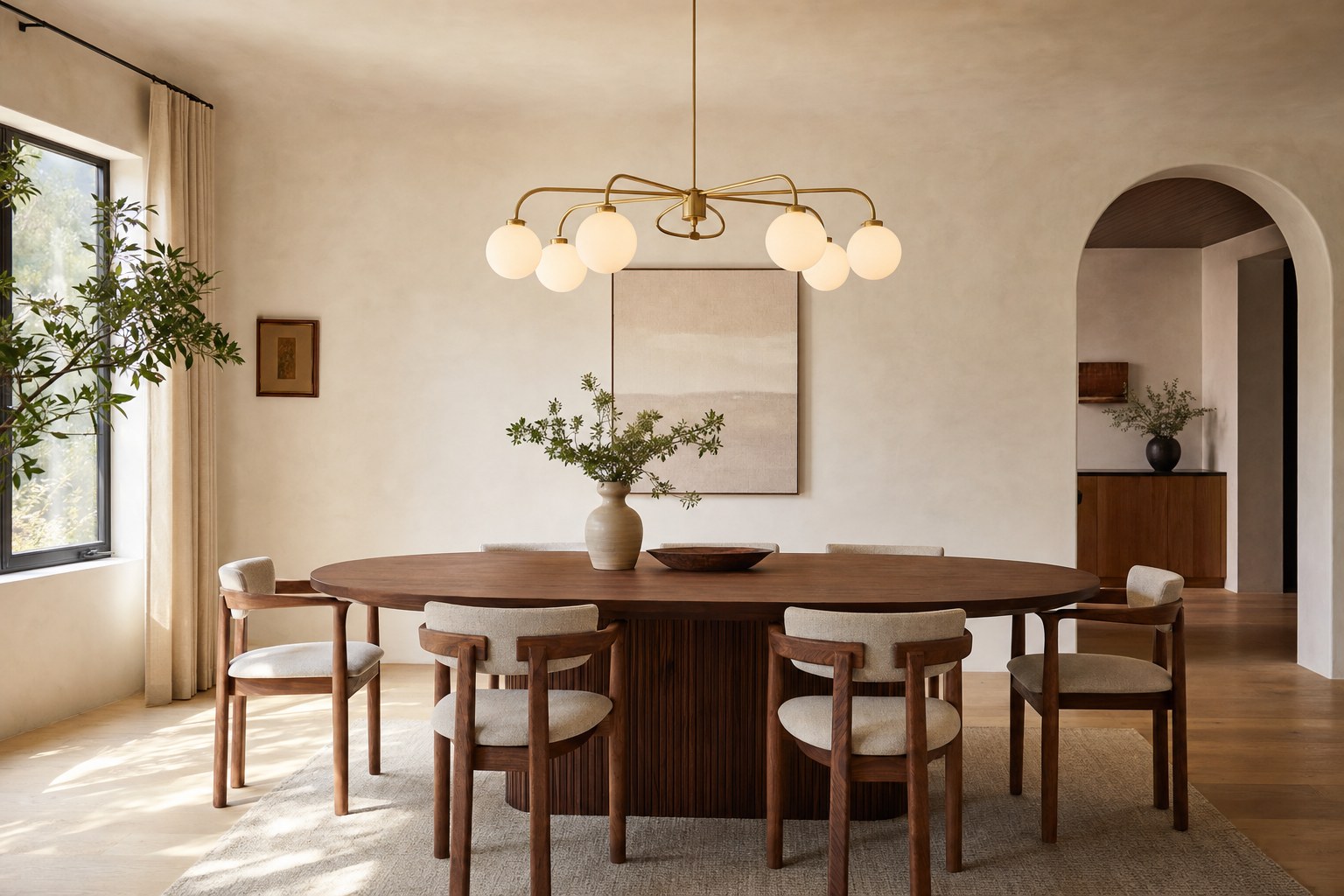 Contemporary brass pendant light above an oval walnut dining table