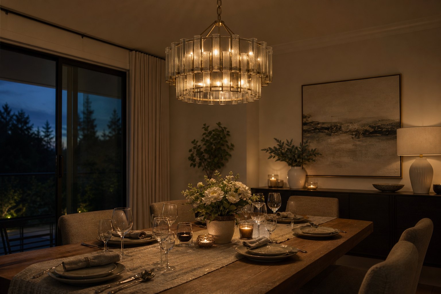 Warm chandelier light over an evening dining table