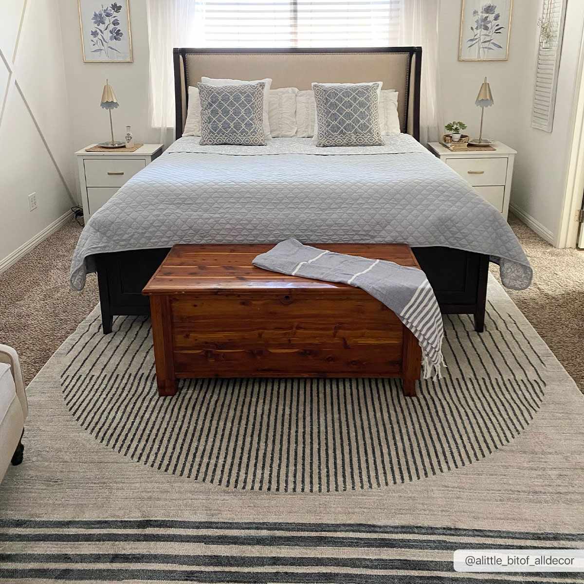 Washable area rug grounding a compact sitting area