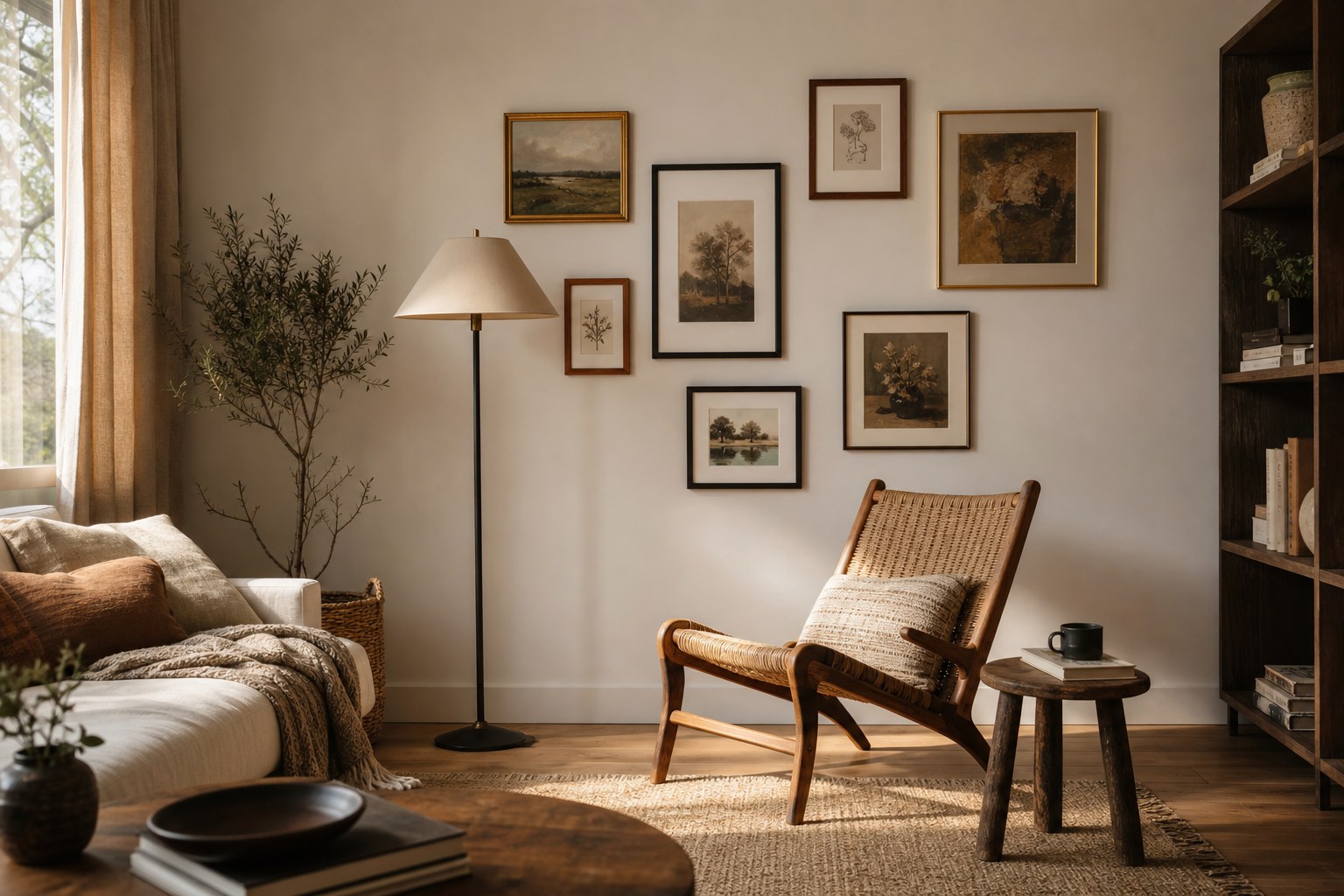 Asymmetrical gallery wall beside a woven lounge chair and floor lamp