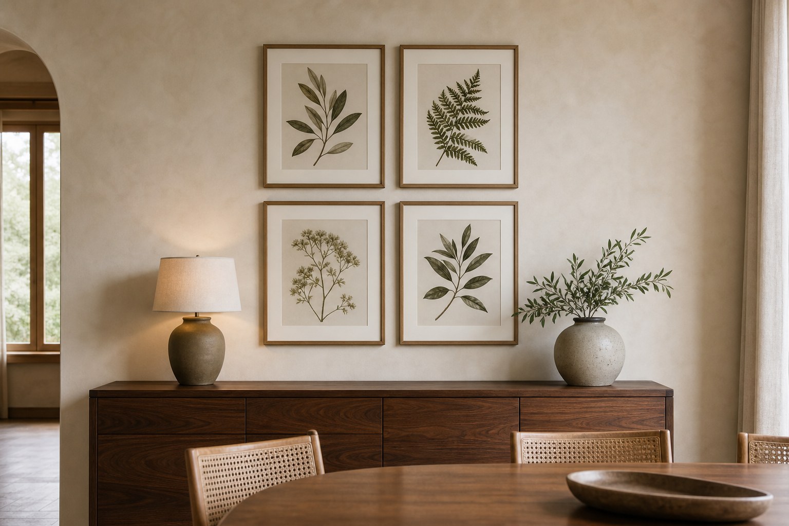 Four botanical prints arranged in a balanced grid above a dining room sideboard