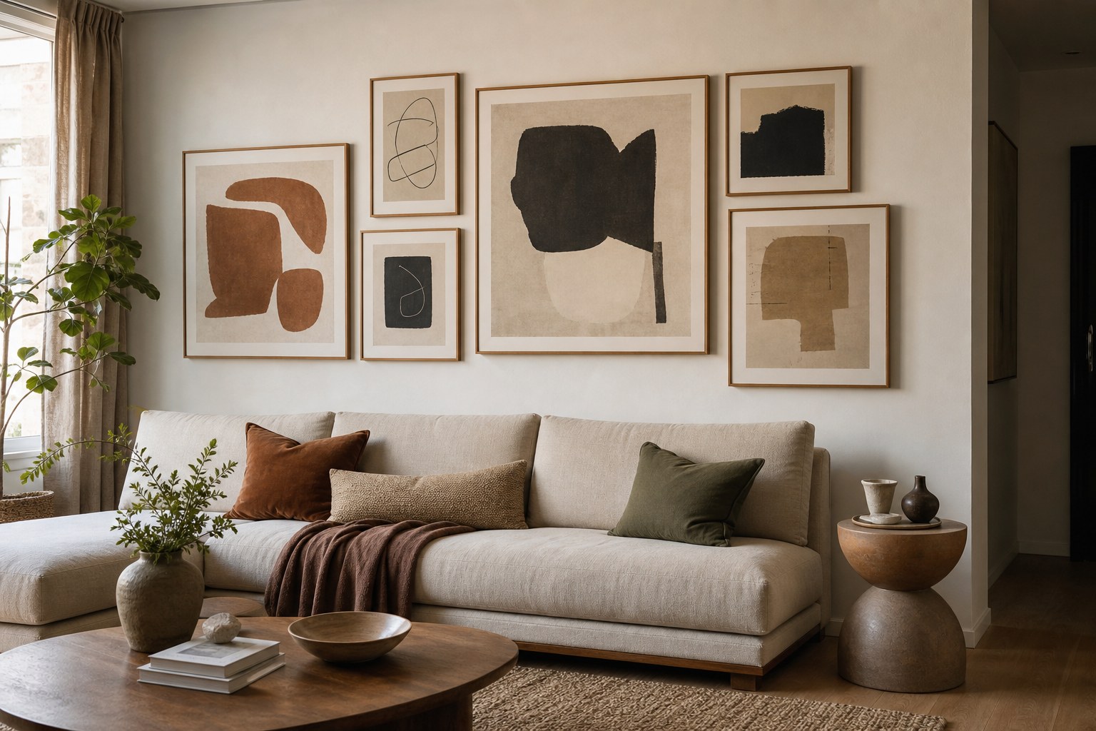 Warm living room with a layered gallery wall above a cream sofa