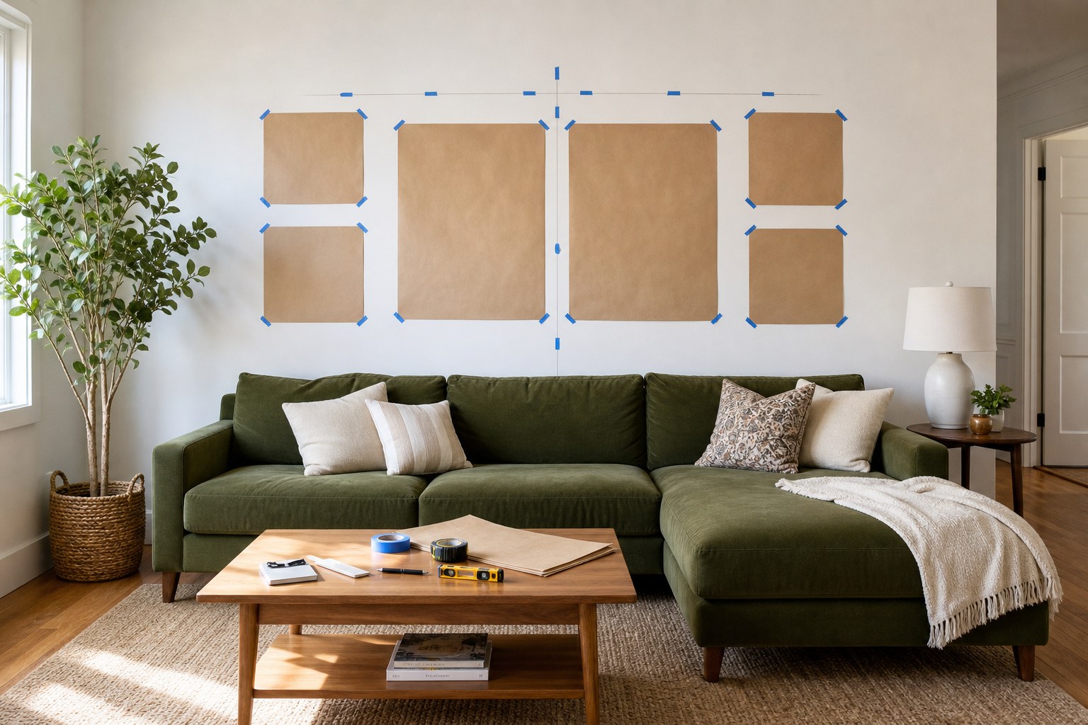 Kraft paper templates taped above a green sofa to test a gallery wall layout