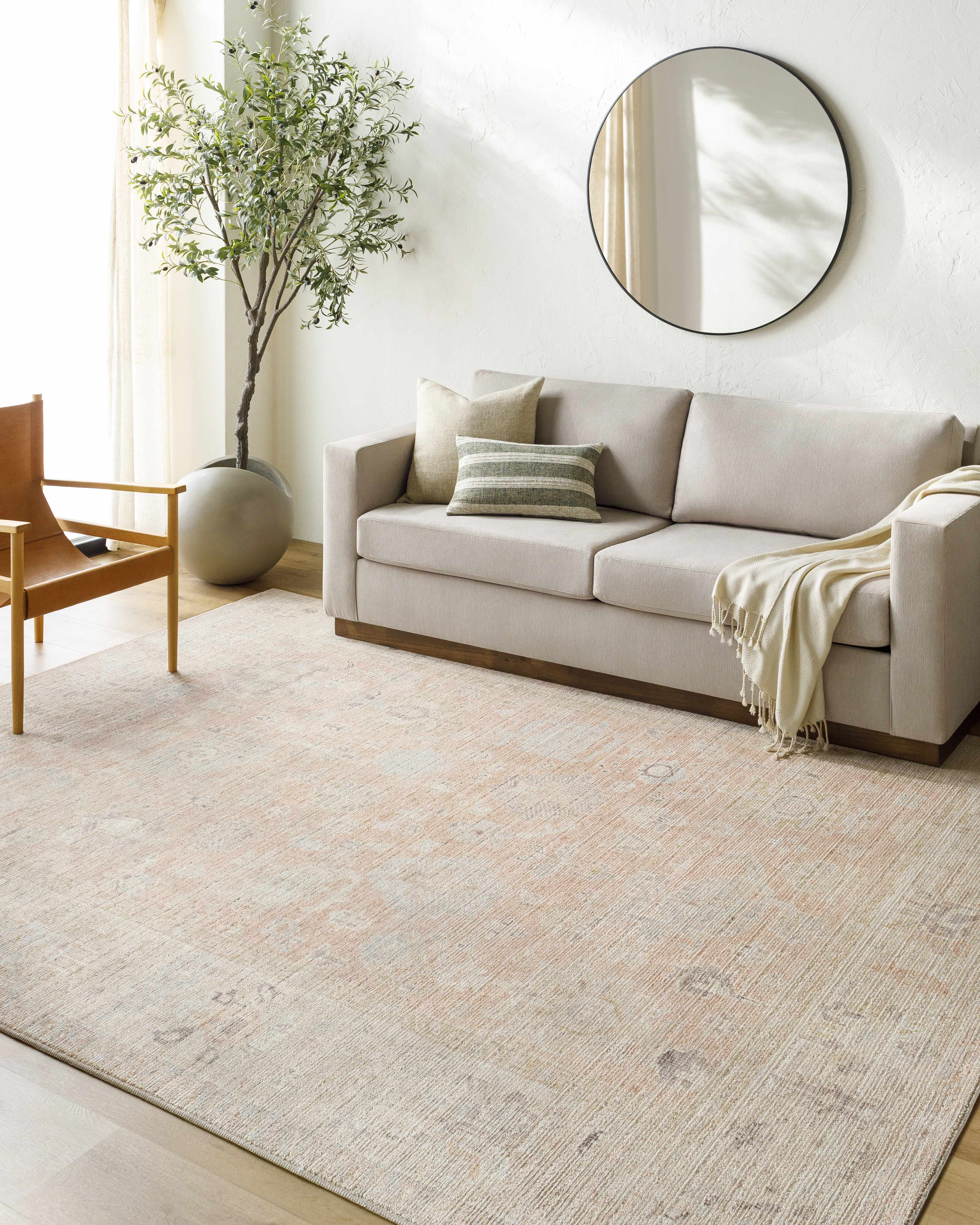 Neutral area rug anchoring a sofa and chairs in a sunlit living room
