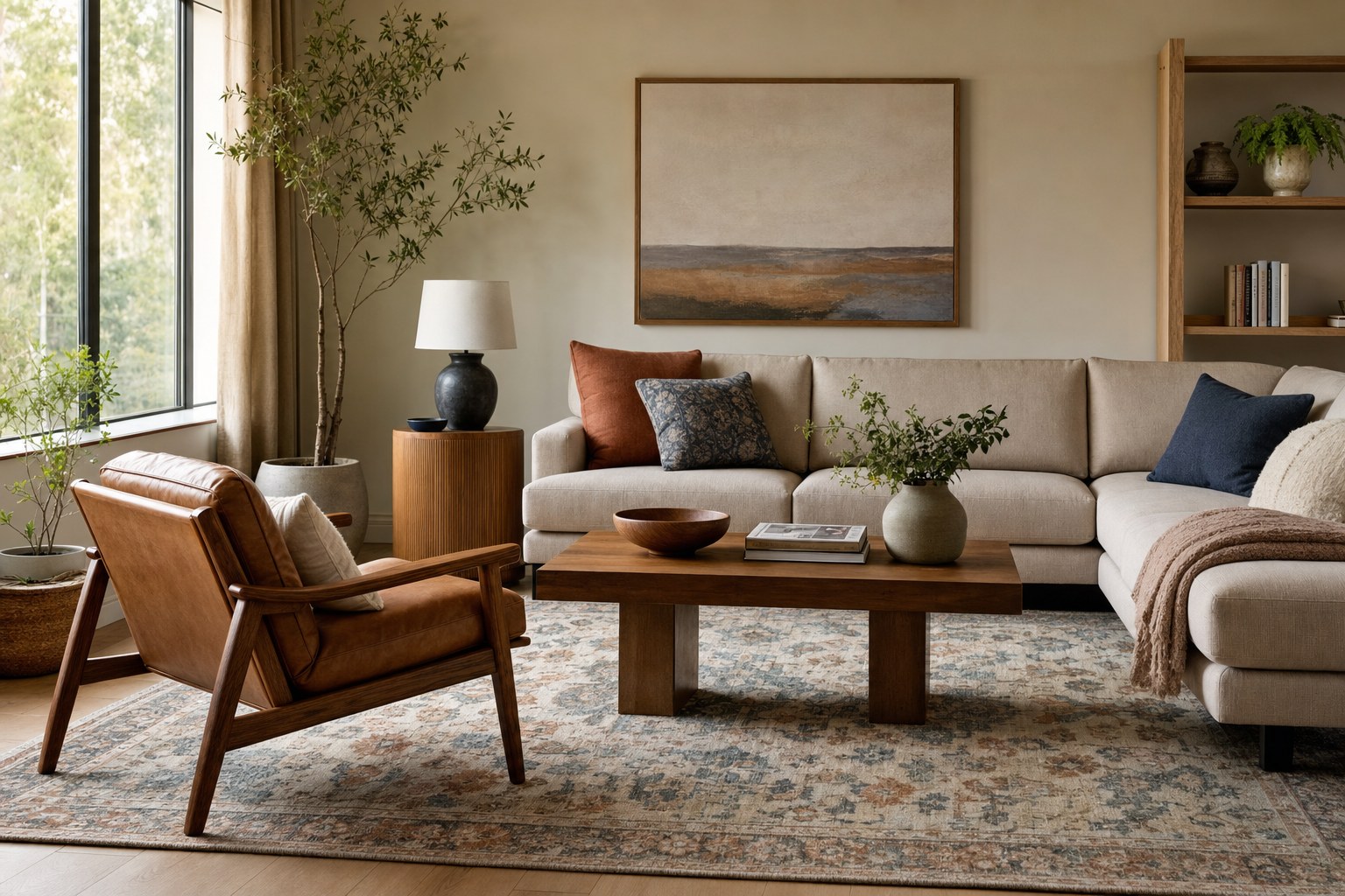 Patterned area rug echoing the colours of a contemporary living room