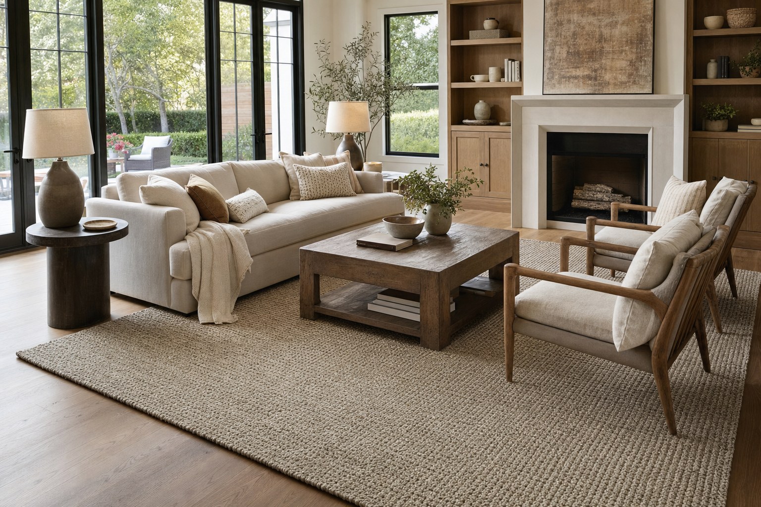 Large textured area rug anchoring a warm contemporary living room