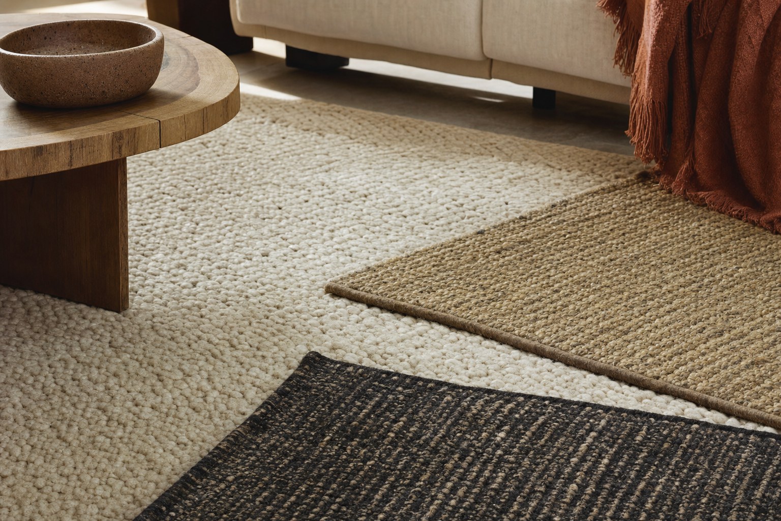 Three different rug textures layered beside a wood coffee table