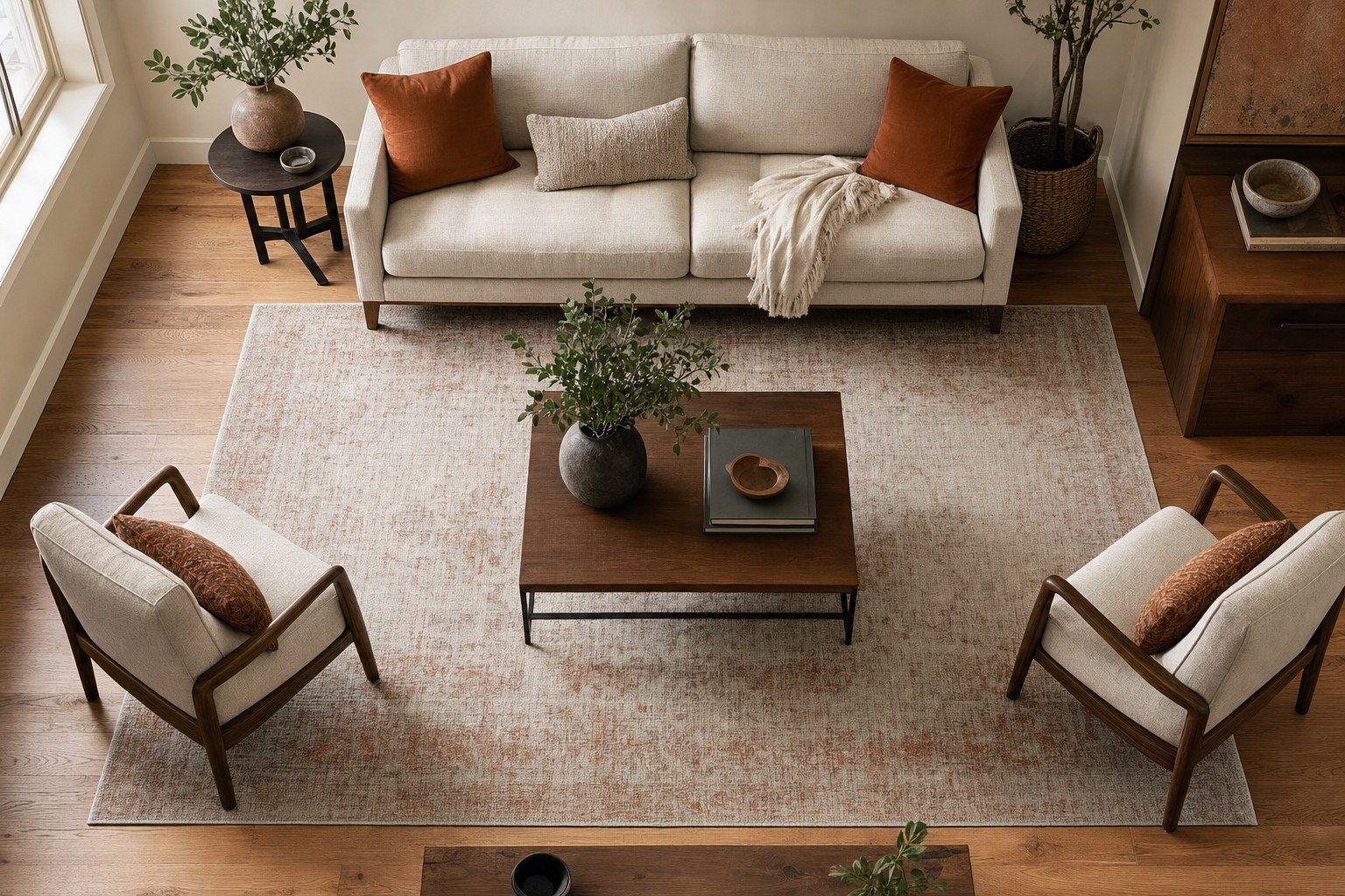 Living room furniture grouped around a large area rug