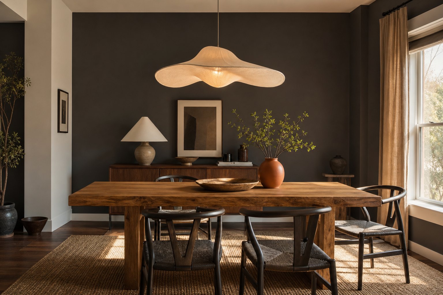 Contemporary dining room with a sculptural pendant light
