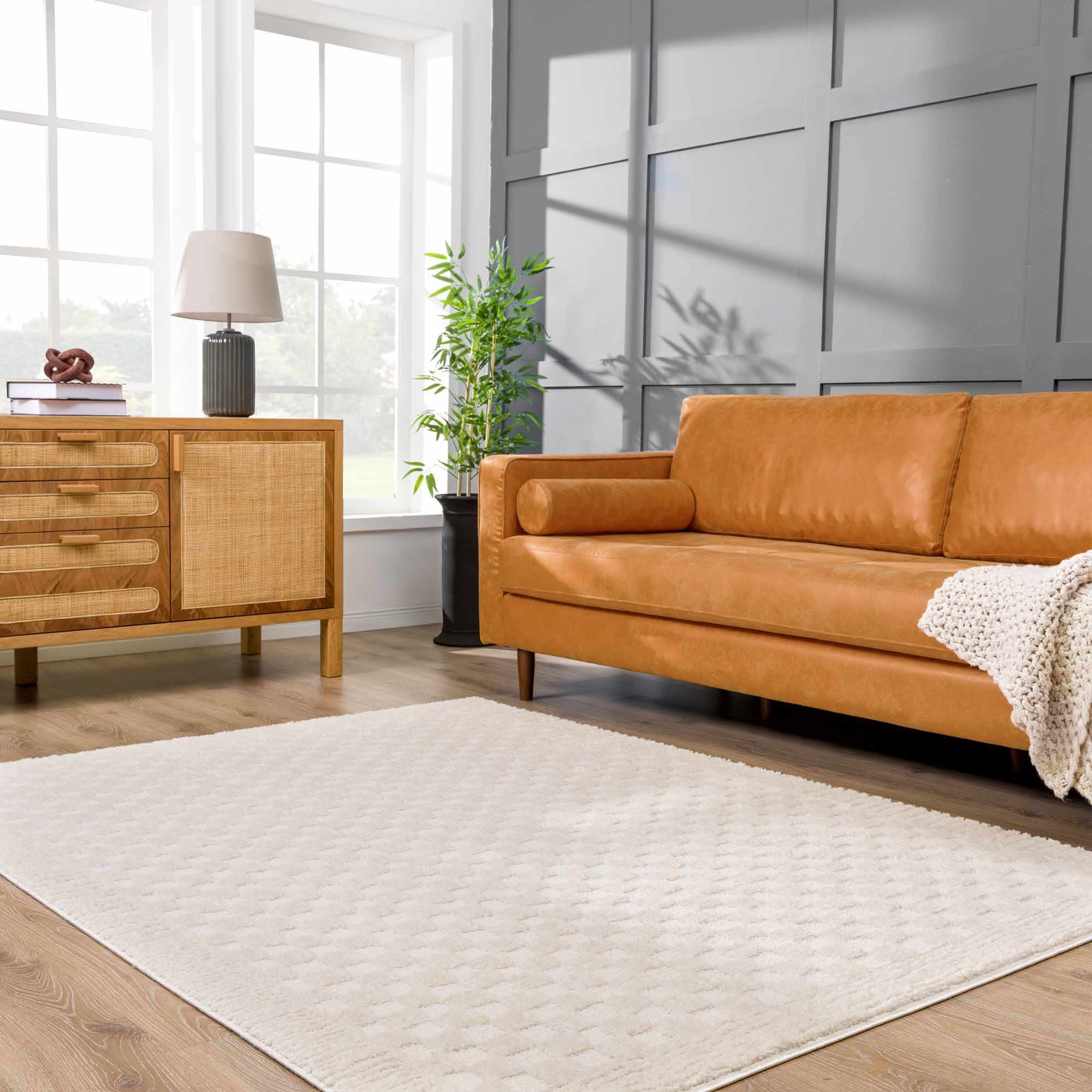 Checkered area rug adding texture to a living room seating zone