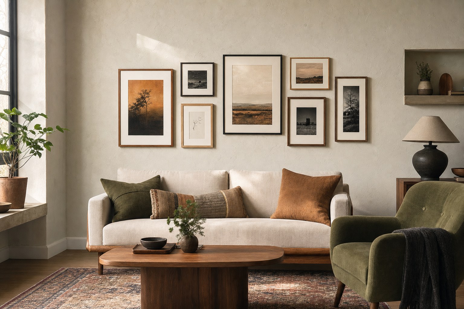 Collected gallery wall above a cream sofa in a warm living room