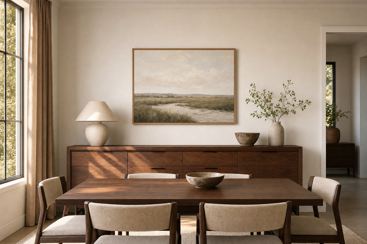 Framed landscape artwork centered above a walnut dining room sideboard