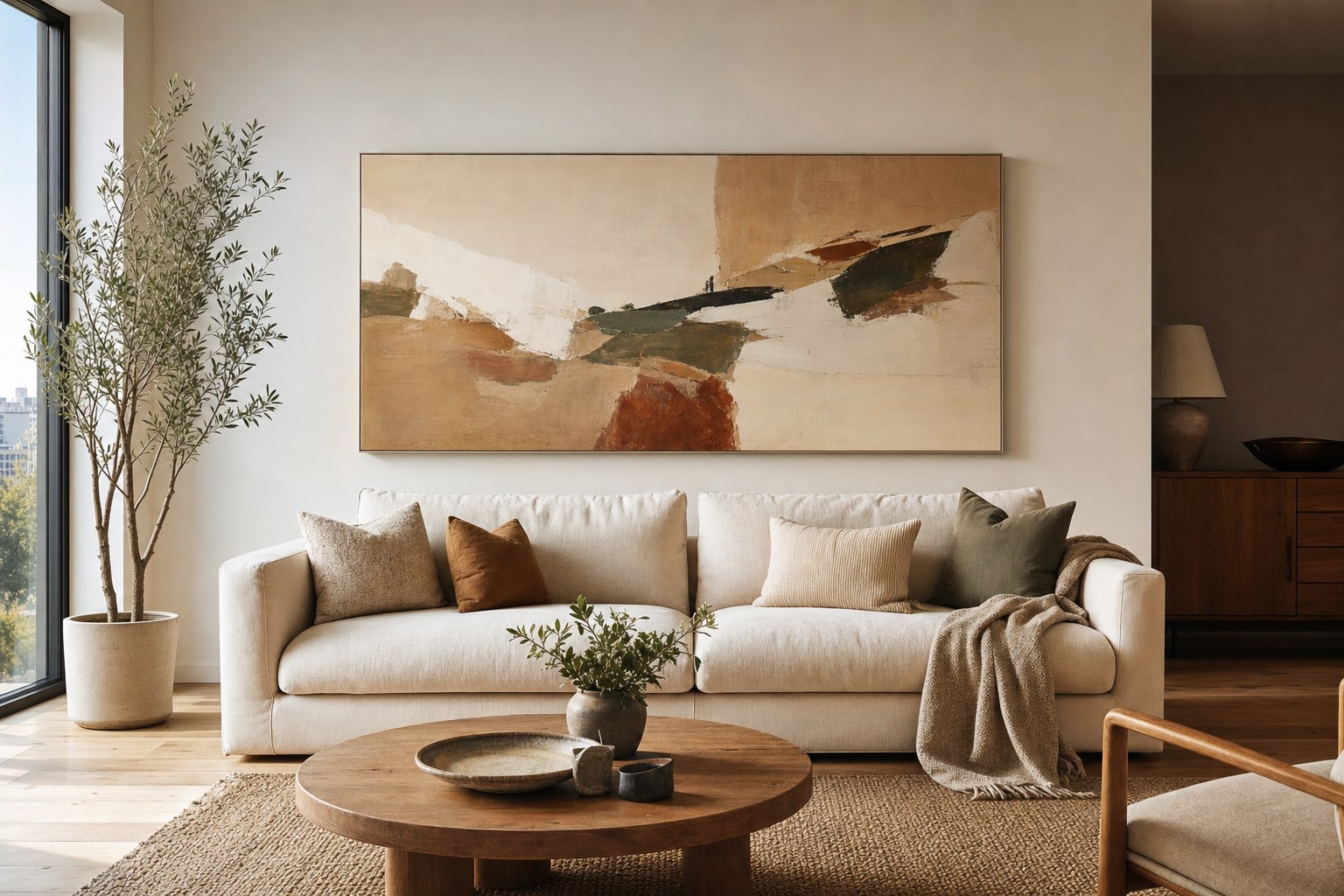 Large abstract canvas centered above a cream sofa in a contemporary living room
