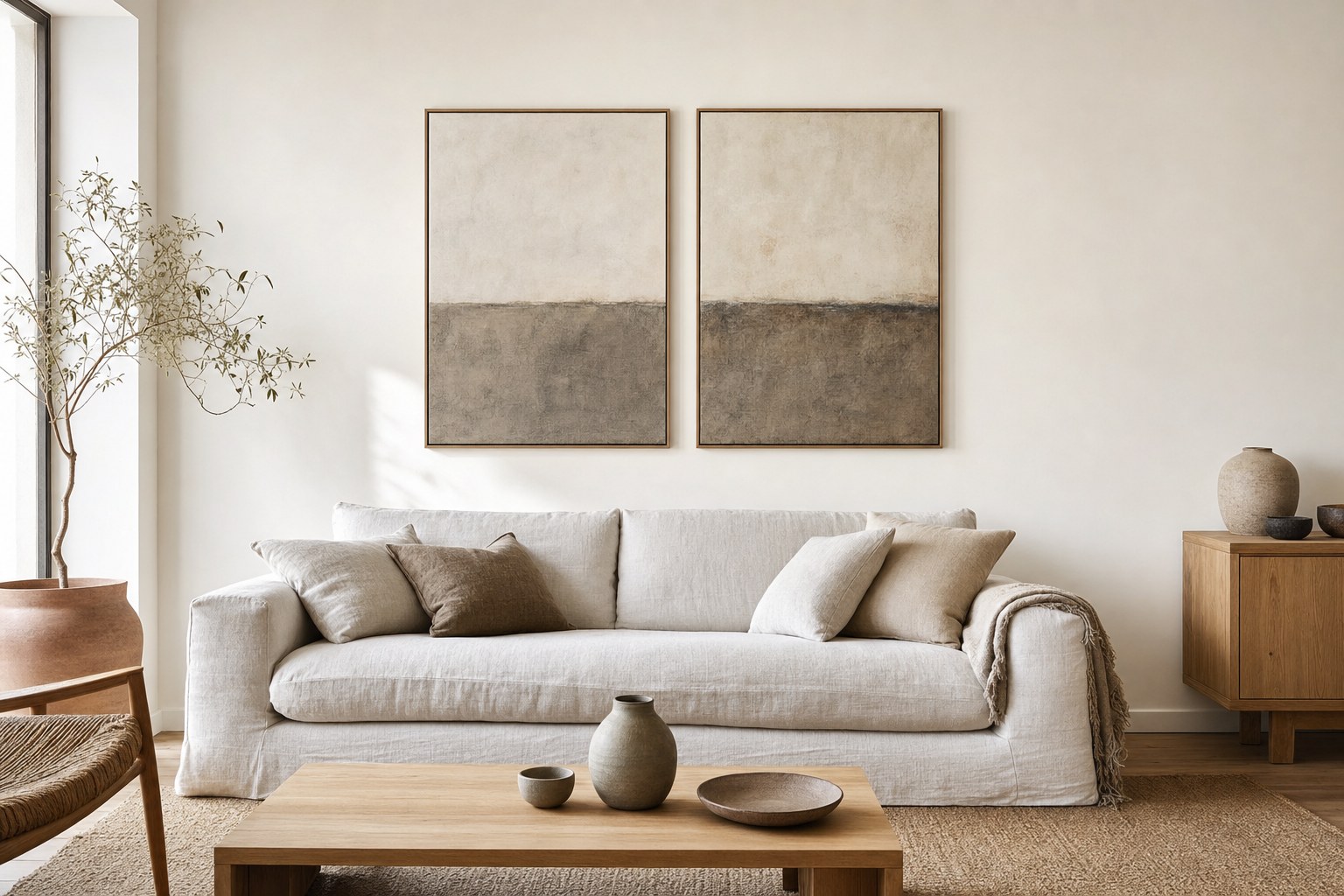 Two framed artworks proportioned above a wide linen sofa