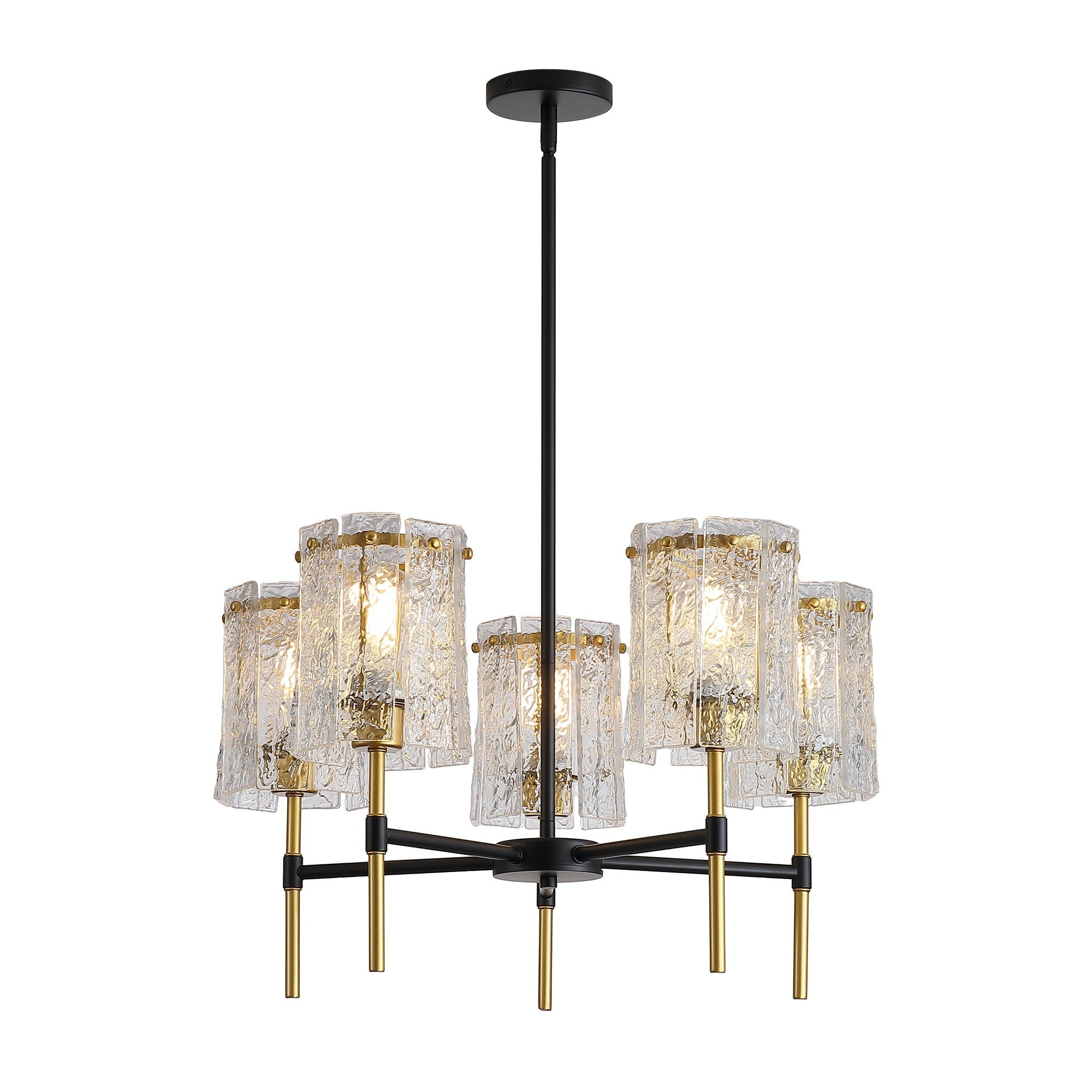 Textured glass chandelier with black and gold details