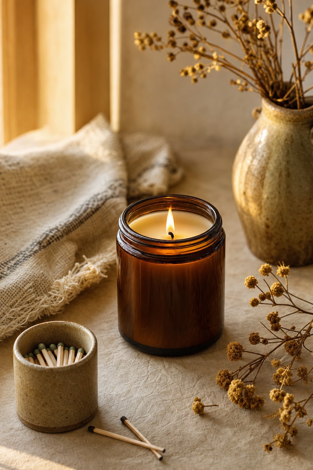 Warm amber candle with a lit flame