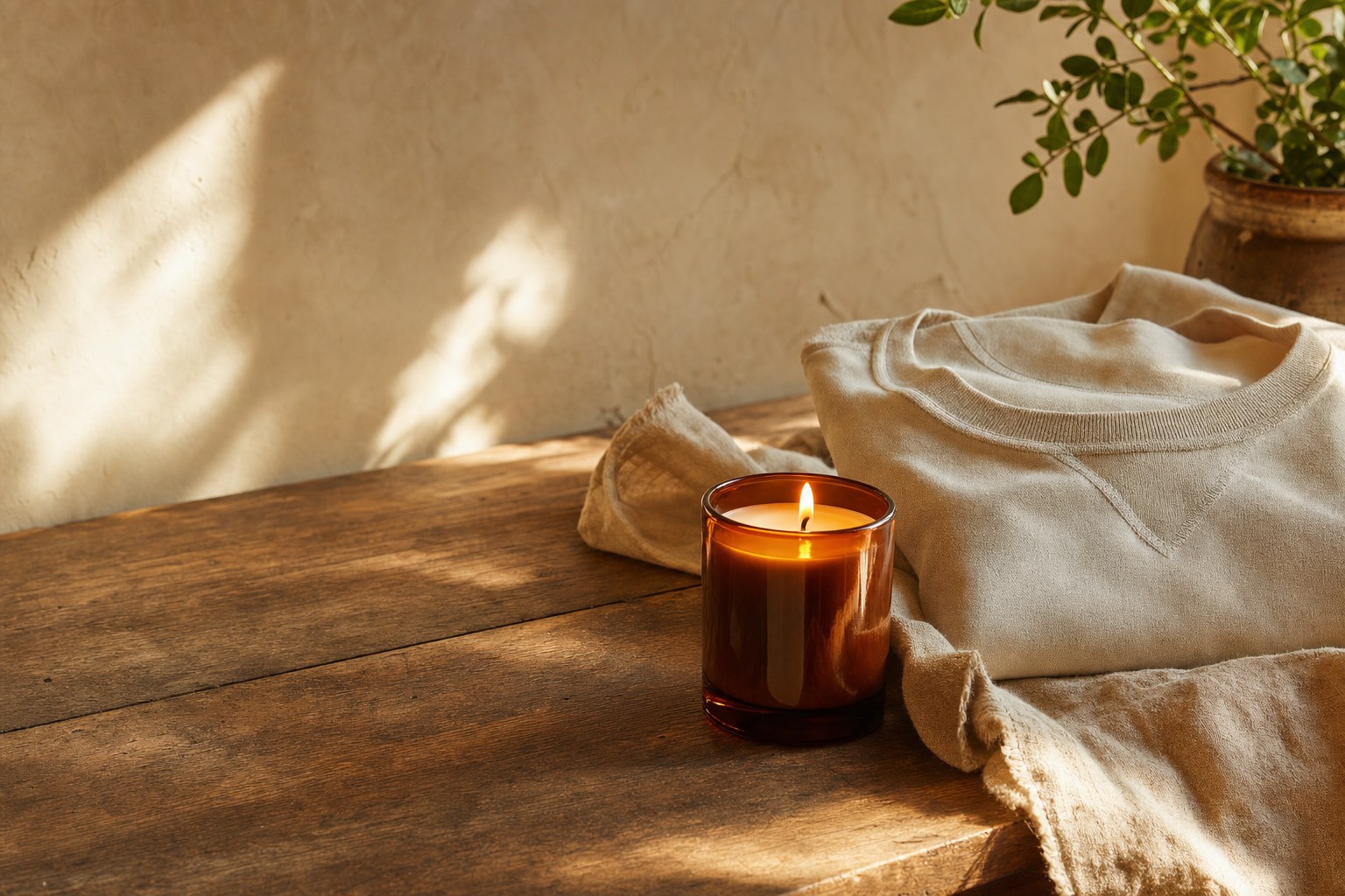 Lit amber candle and folded sweatshirt in warm afternoon light