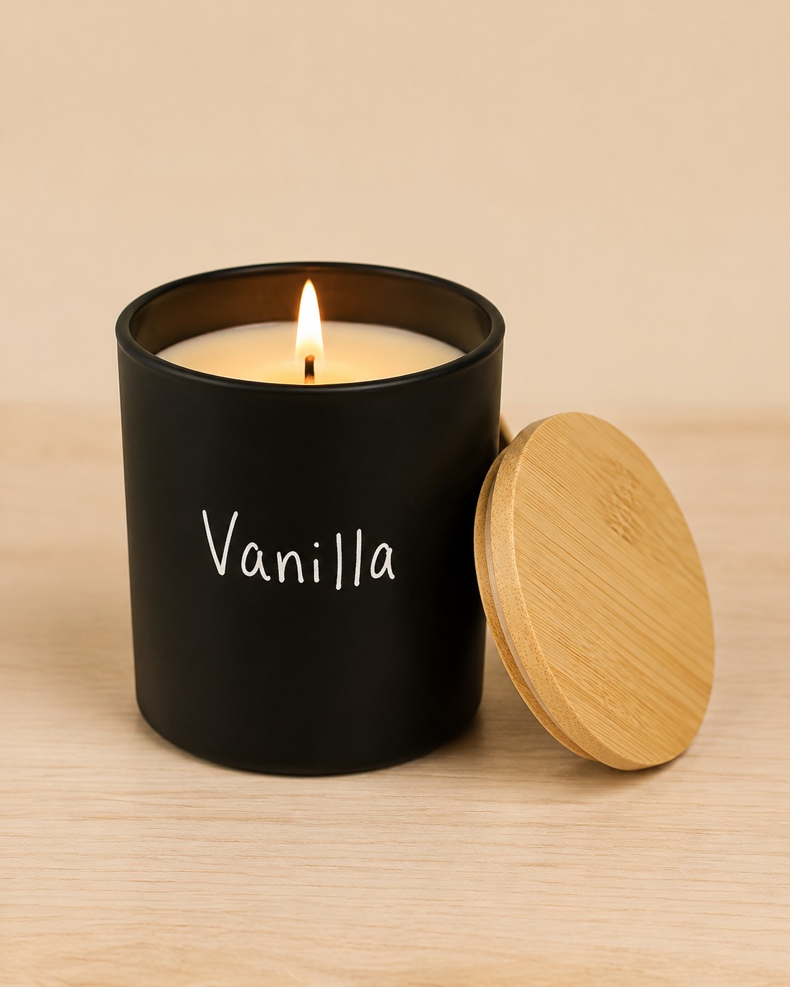 Southern Twist Vanilla candle in a black jar with a wood lid