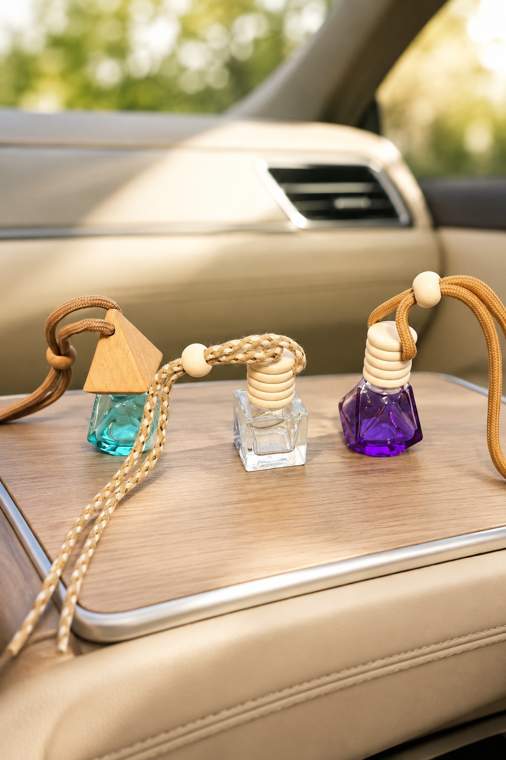 Three colorful hanging car diffusers