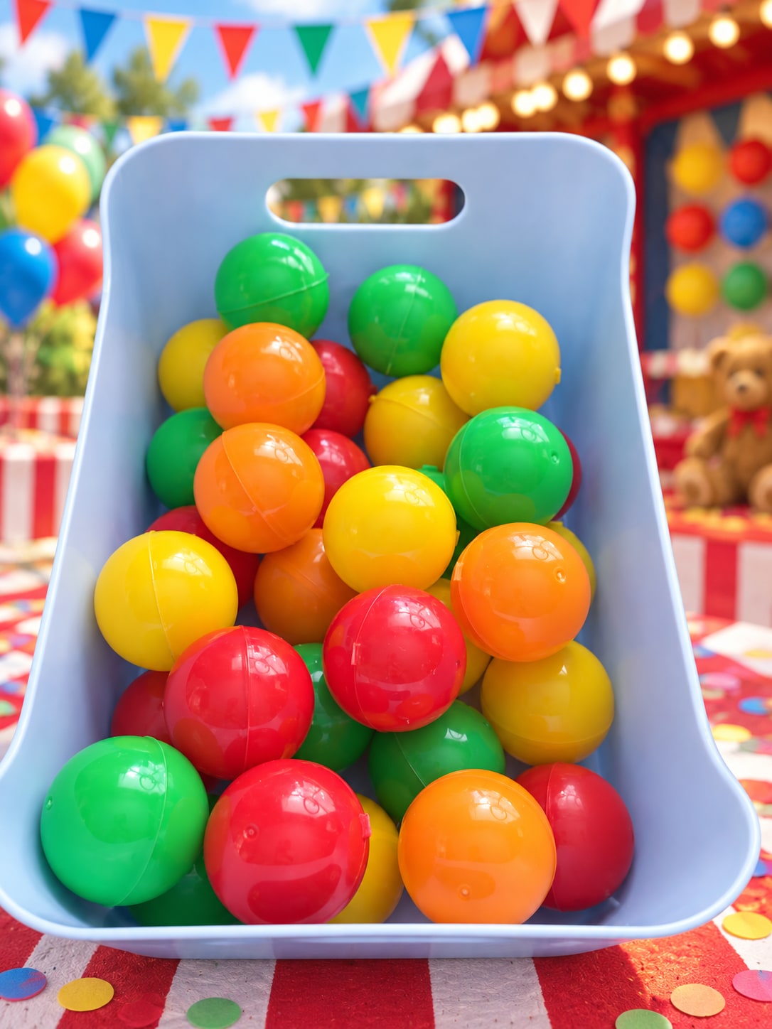 Colorful ball game balls in a bin