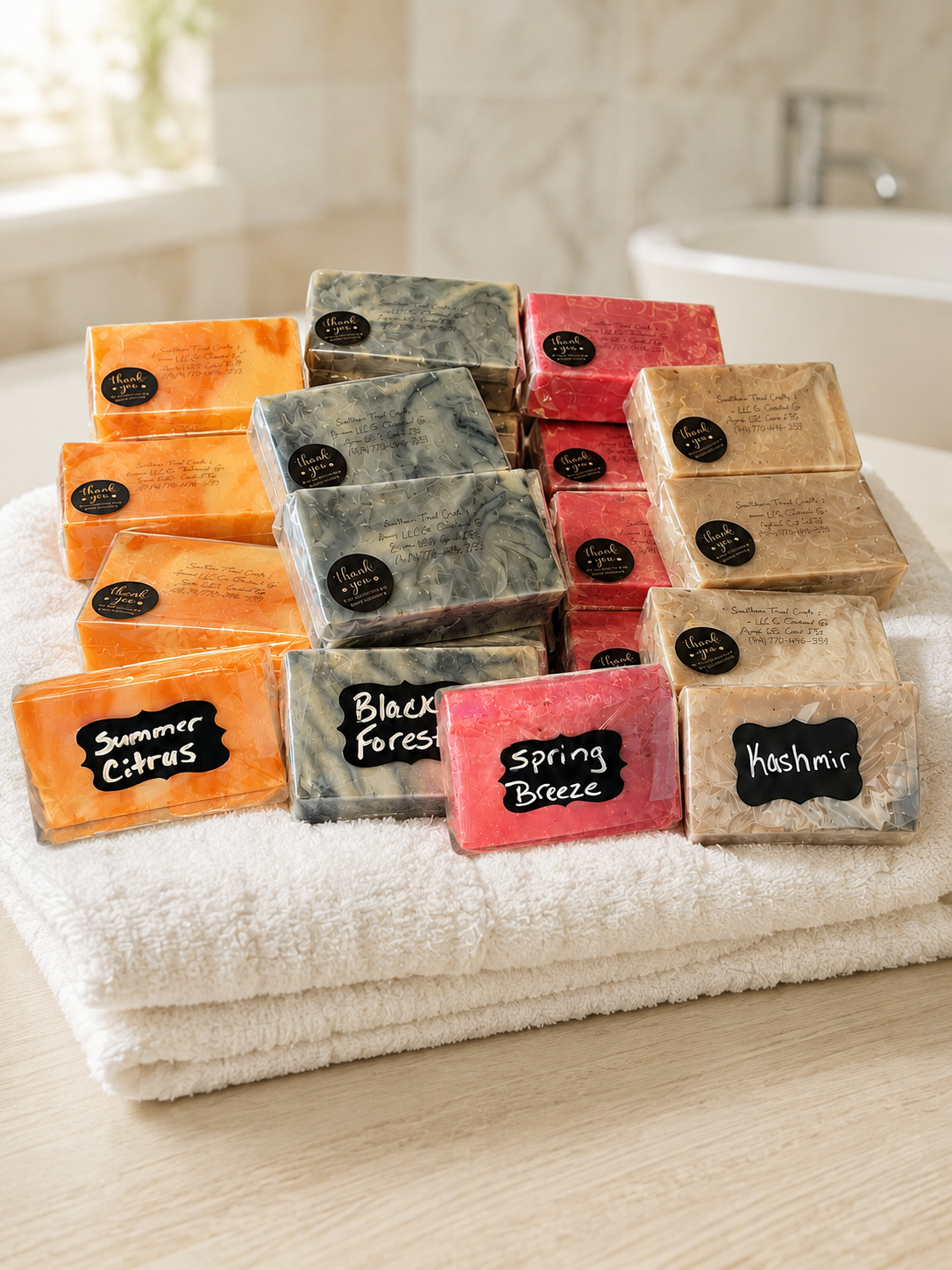 Southern Twist handmade soaps in Summer Citrus, Black Forest, Spring Breeze, and Kashmir