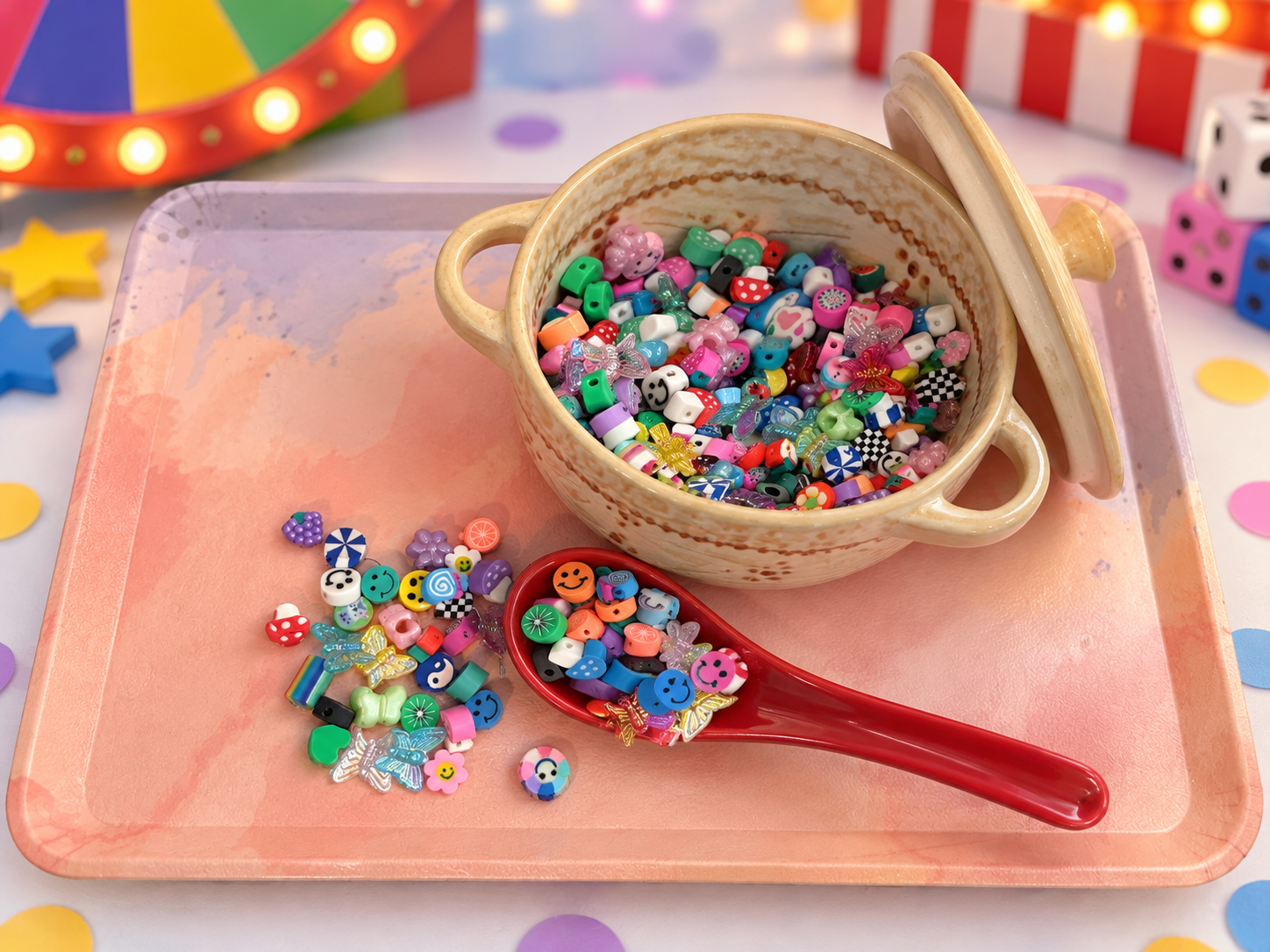 A colorful bowl and scoop filled with tiny surprise charms