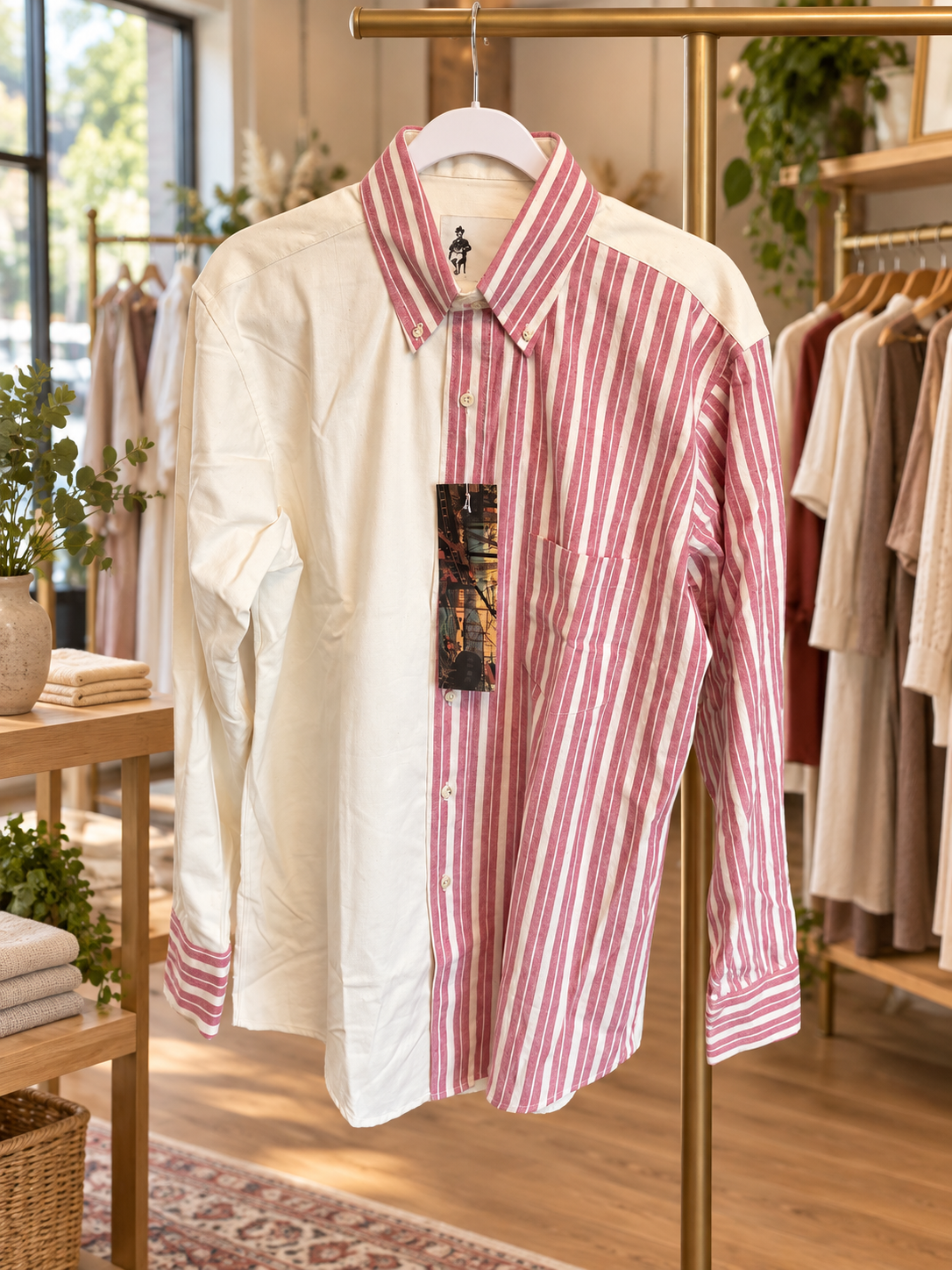 Pink and white striped long-sleeve men's shirt on a clothing rack