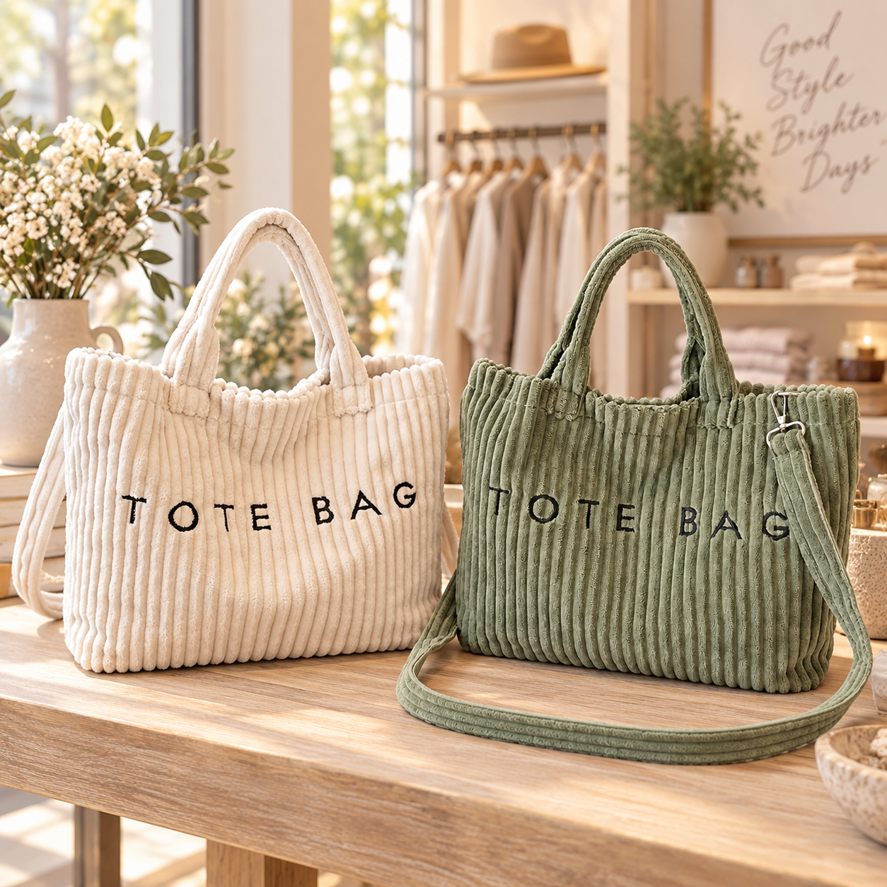 Southern Twist corduroy tote bags in sage green and white