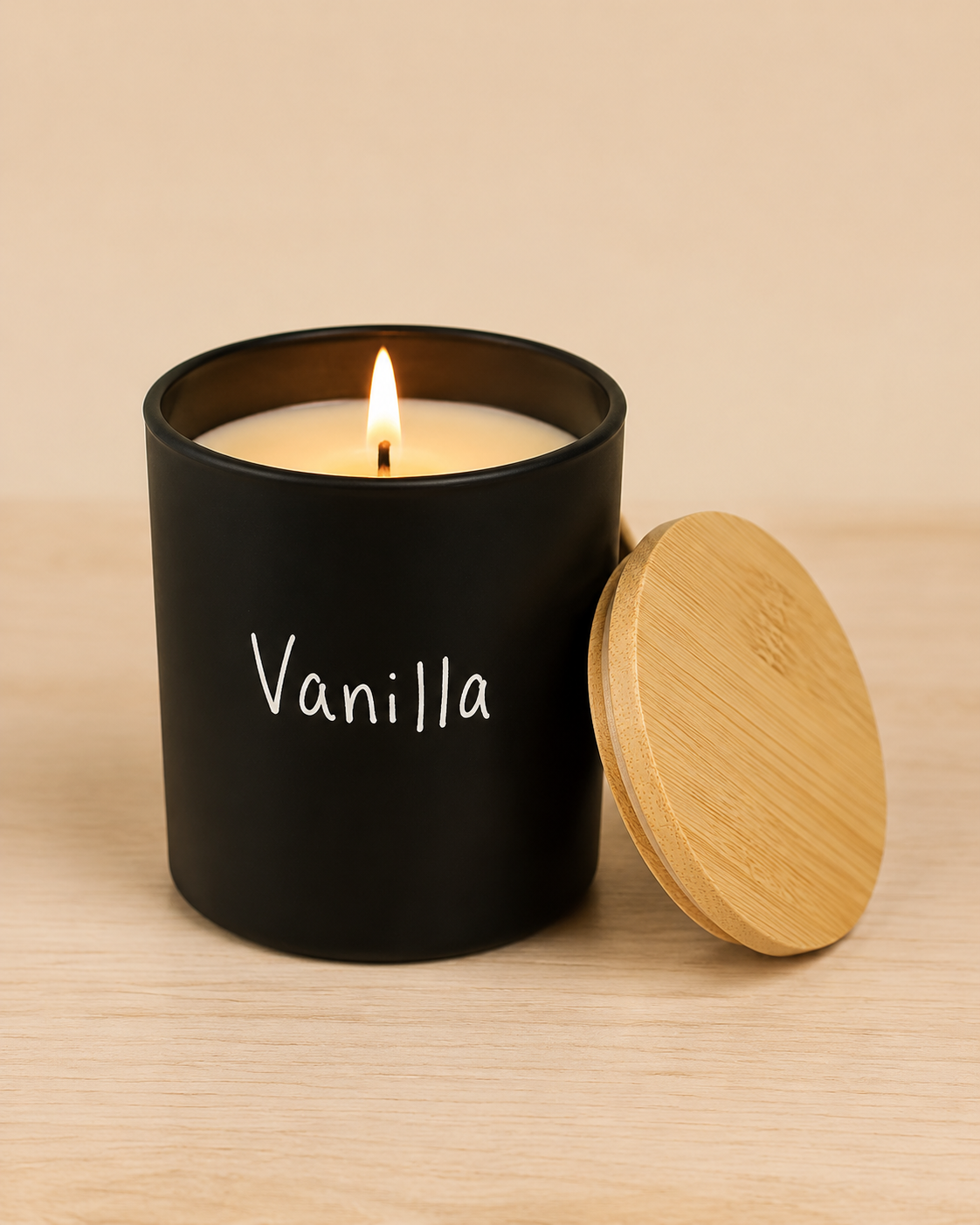 Southern Twist Vanilla candle in a black jar with a wood lid