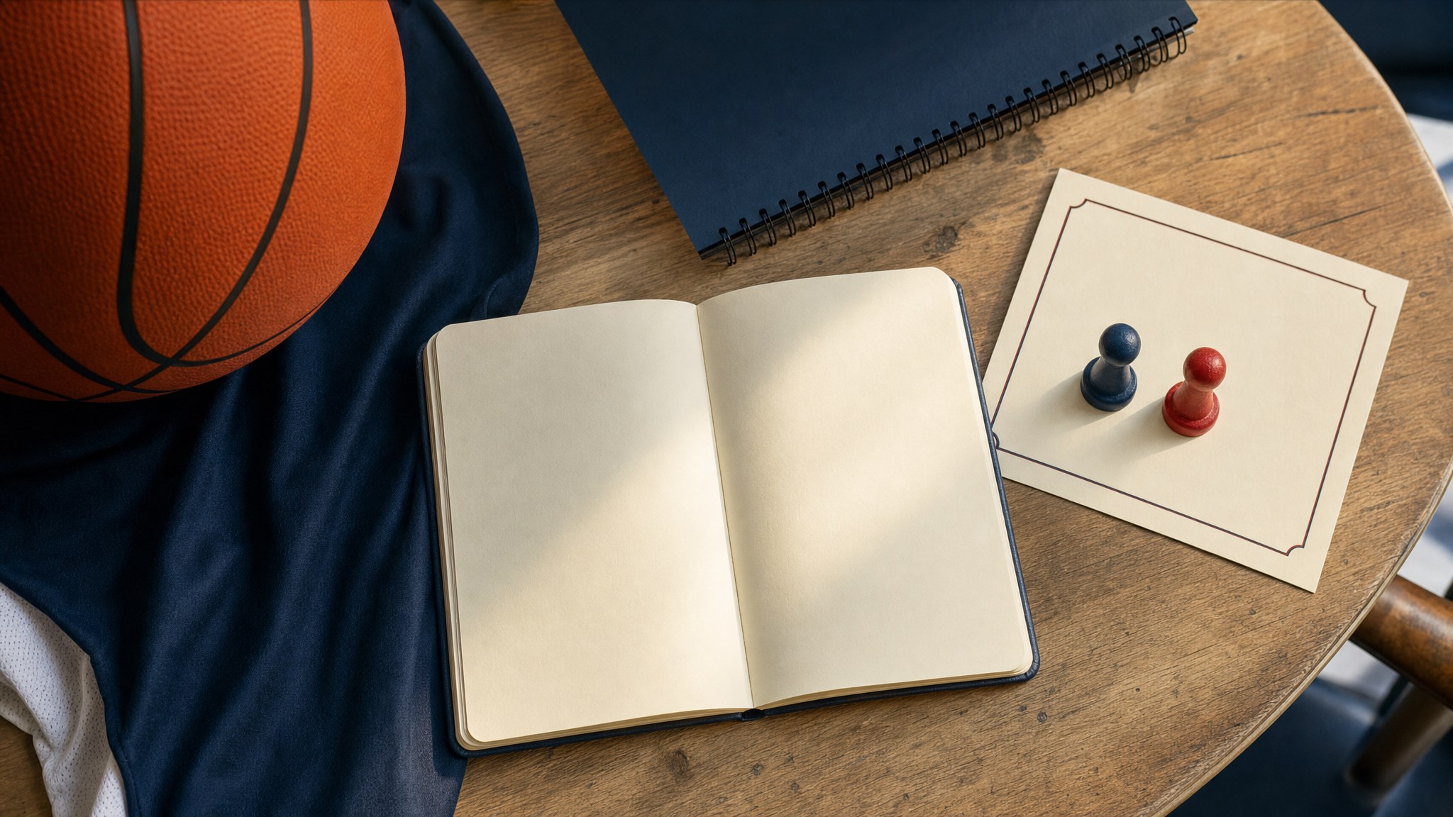 A basketball, notebook and game pieces arranged on a community center table