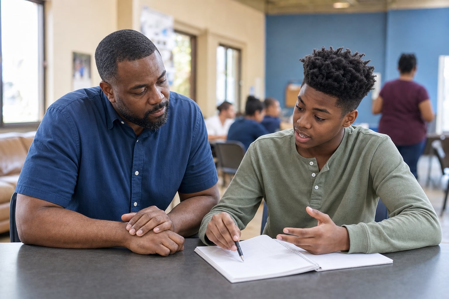 An adult mentor listening as a teenage boy shares an idea at a community center table