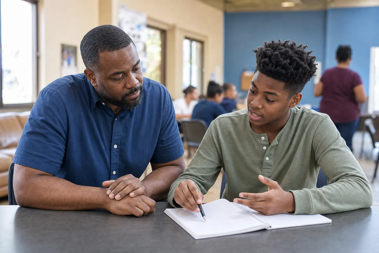 An adult mentor listening as a teenage boy shares an idea at a community center table