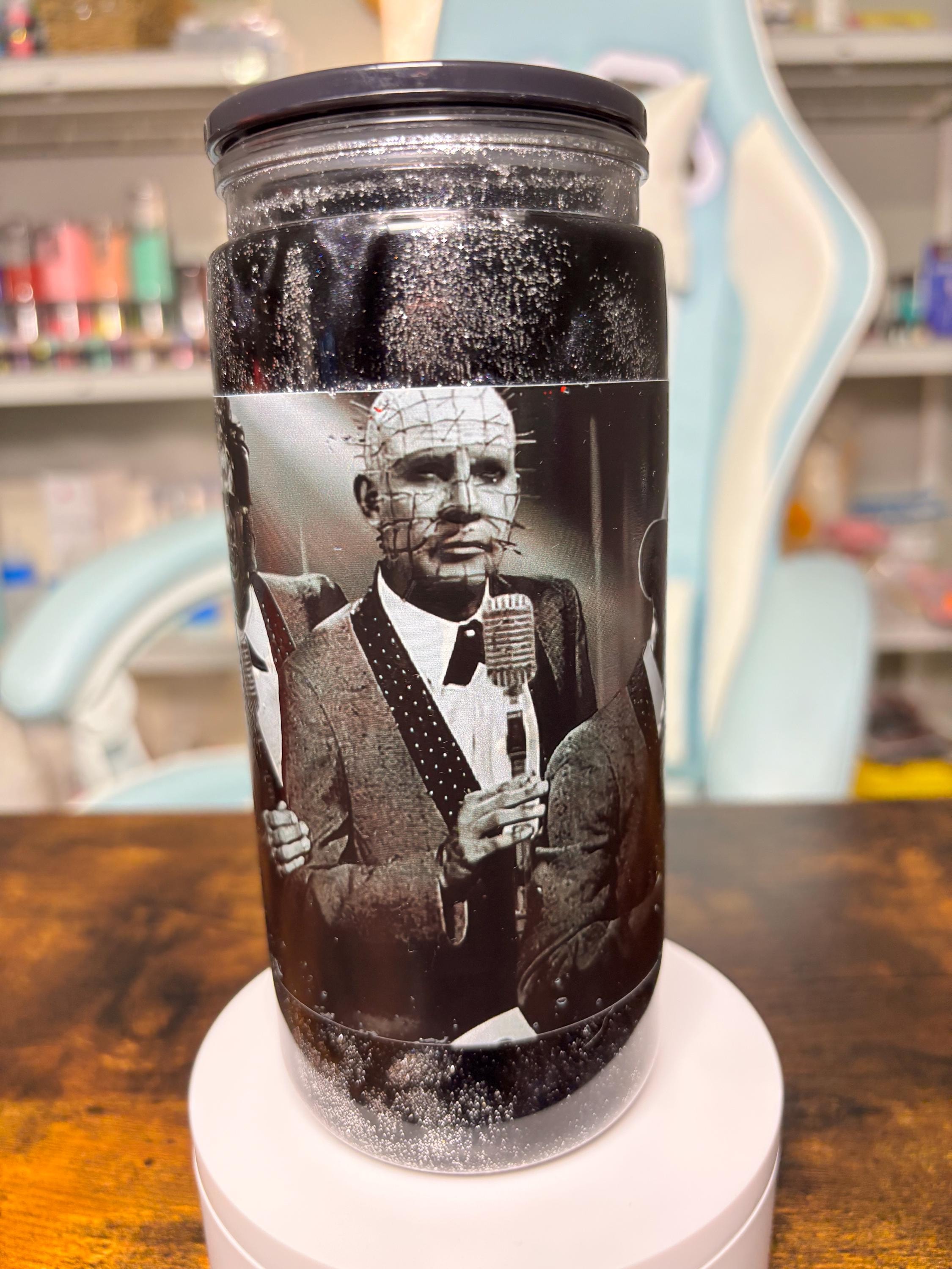 20oz Horror Guys Snowglobe Tumbler | Dreamscape Waterfall Glitter Cup | Horror Movie Villains Tumbler | Spooky Halloween Gift