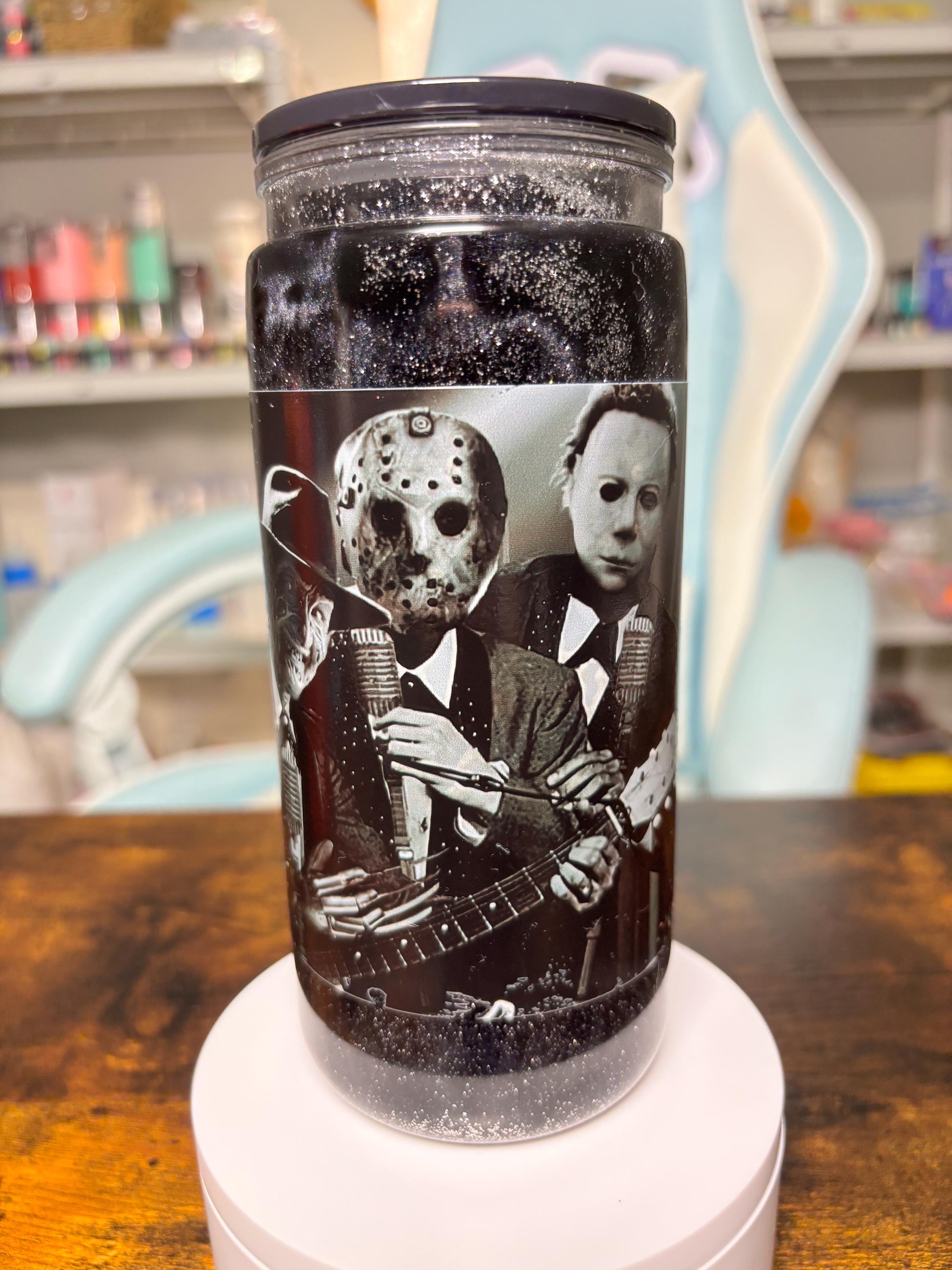 20oz Horror Guys Snowglobe Tumbler | Dreamscape Waterfall Glitter Cup | Horror Movie Villains Tumbler | Spooky Halloween Gift