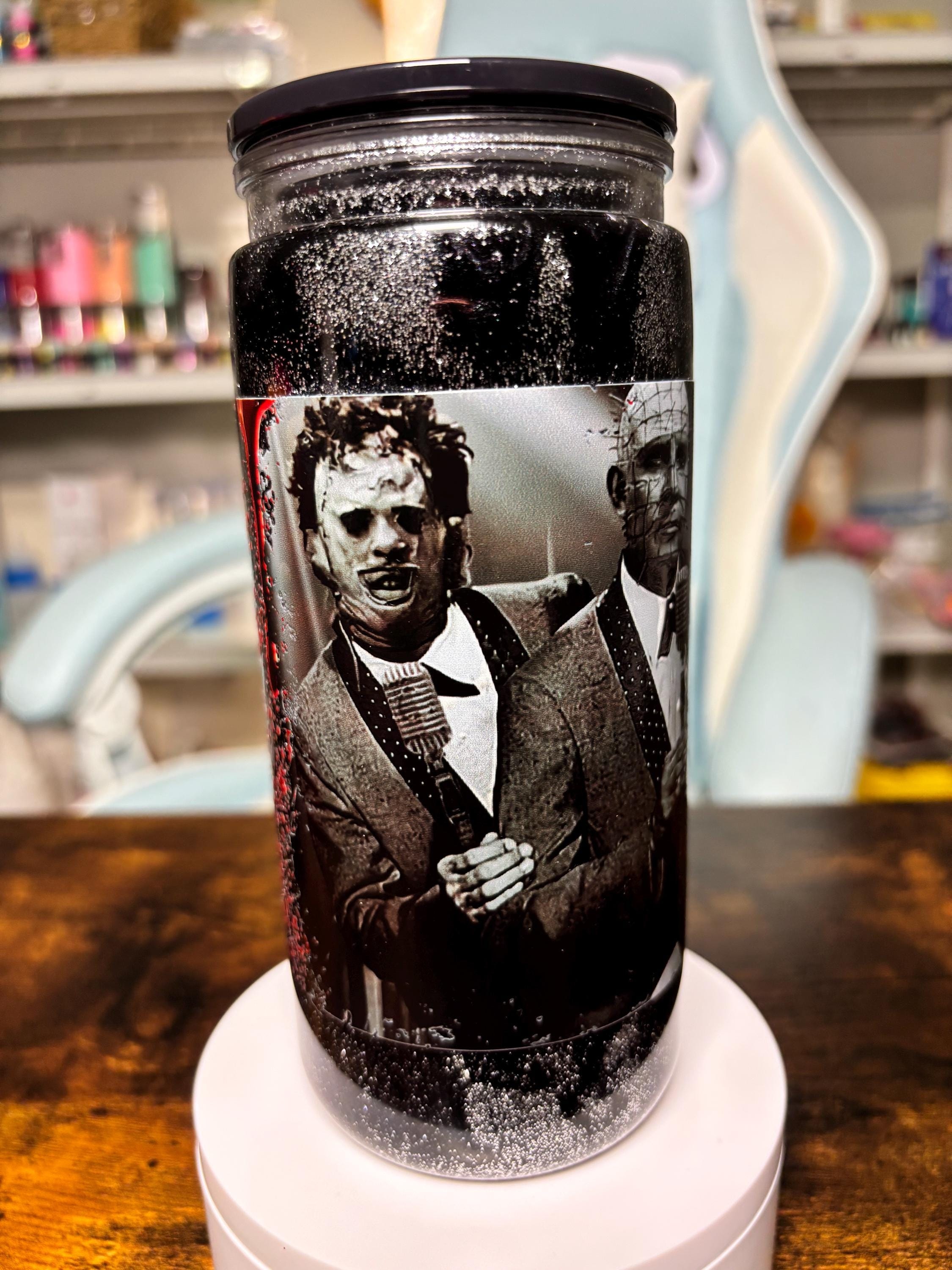 20oz Horror Guys Snowglobe Tumbler | Dreamscape Waterfall Glitter Cup | Horror Movie Villains Tumbler | Spooky Halloween Gift