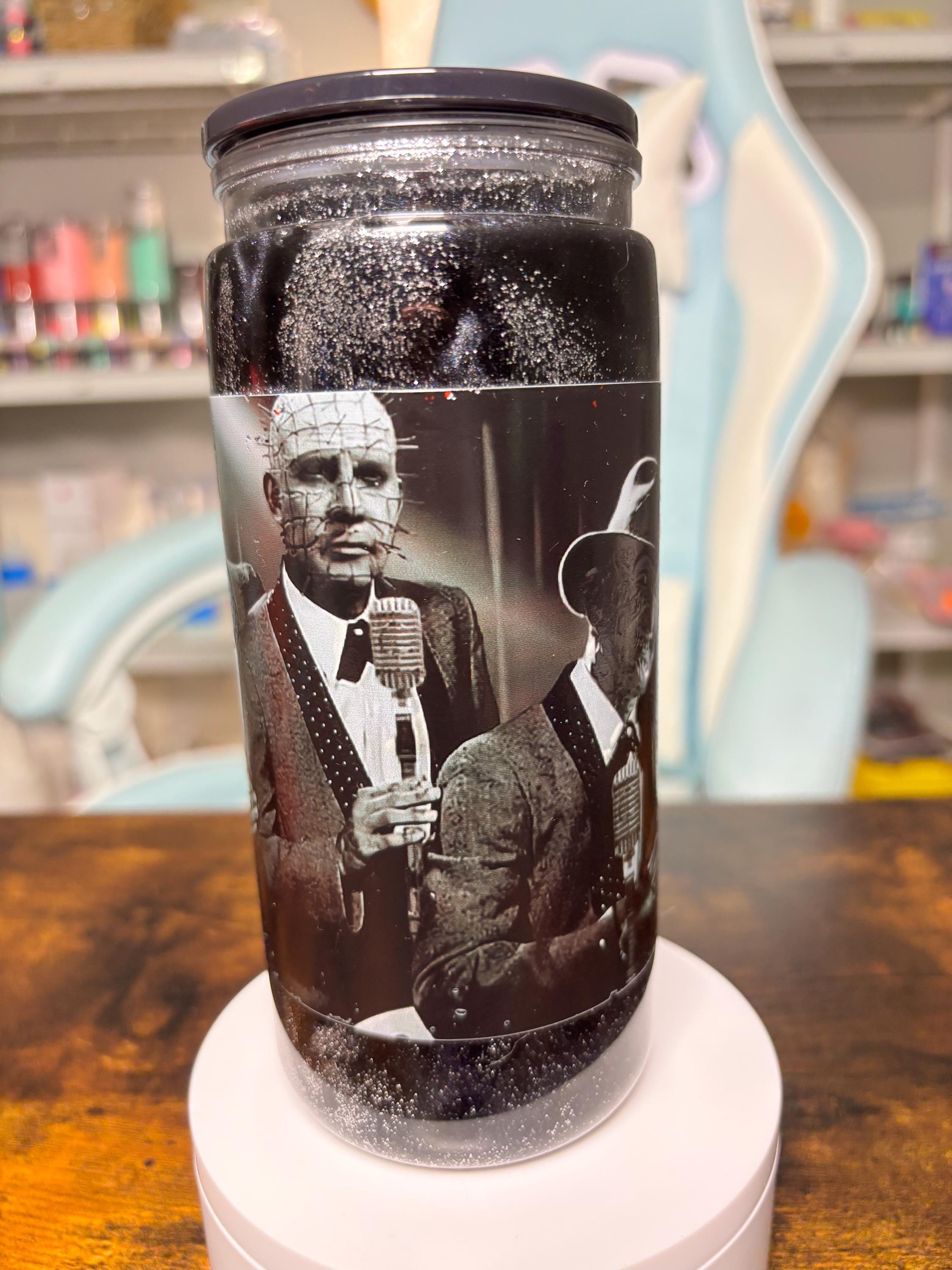 20oz Horror Guys Snowglobe Tumbler | Dreamscape Waterfall Glitter Cup | Horror Movie Villains Tumbler | Spooky Halloween Gift