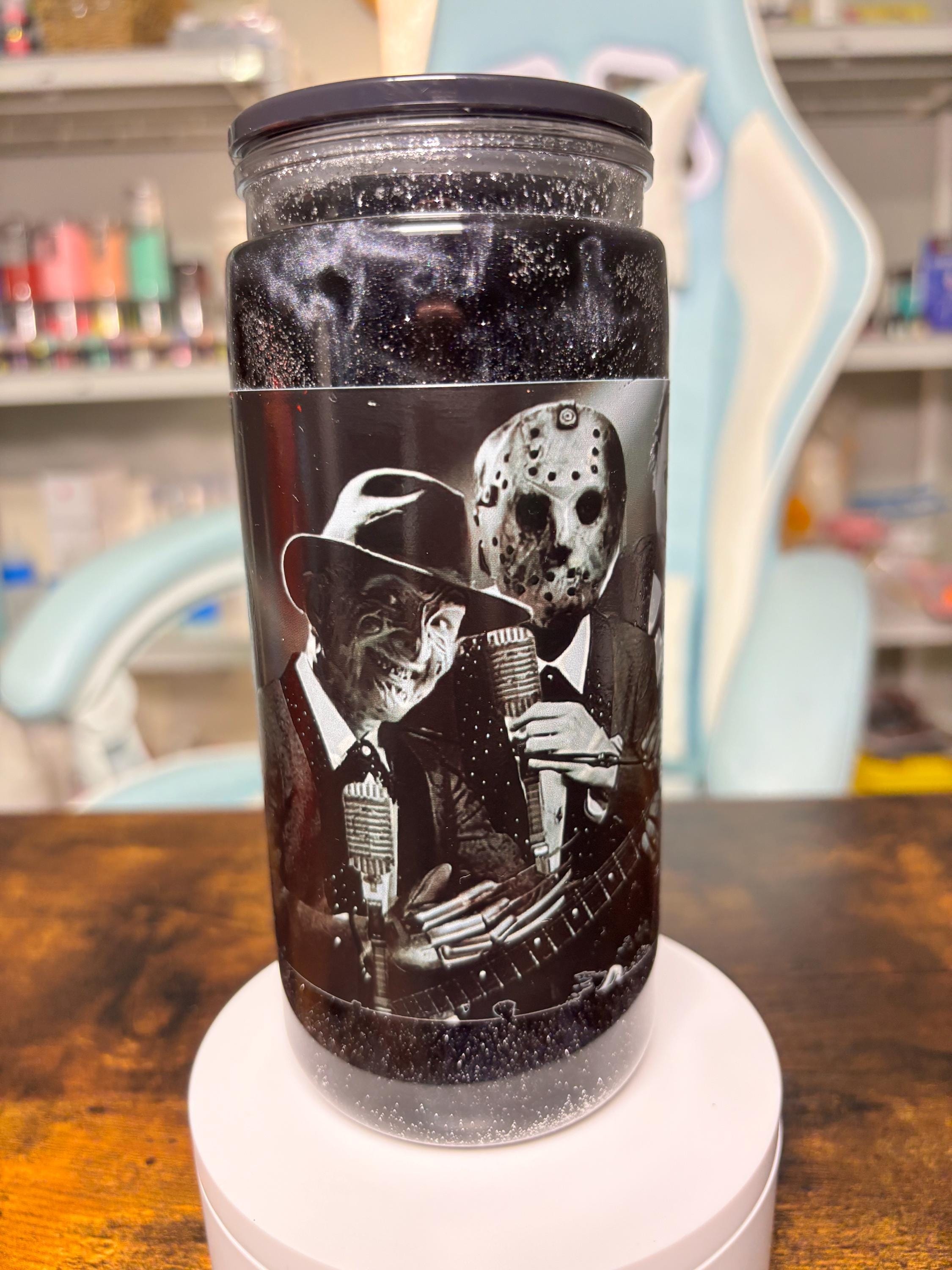 20oz Horror Guys Snowglobe Tumbler | Dreamscape Waterfall Glitter Cup | Horror Movie Villains Tumbler | Spooky Halloween Gift