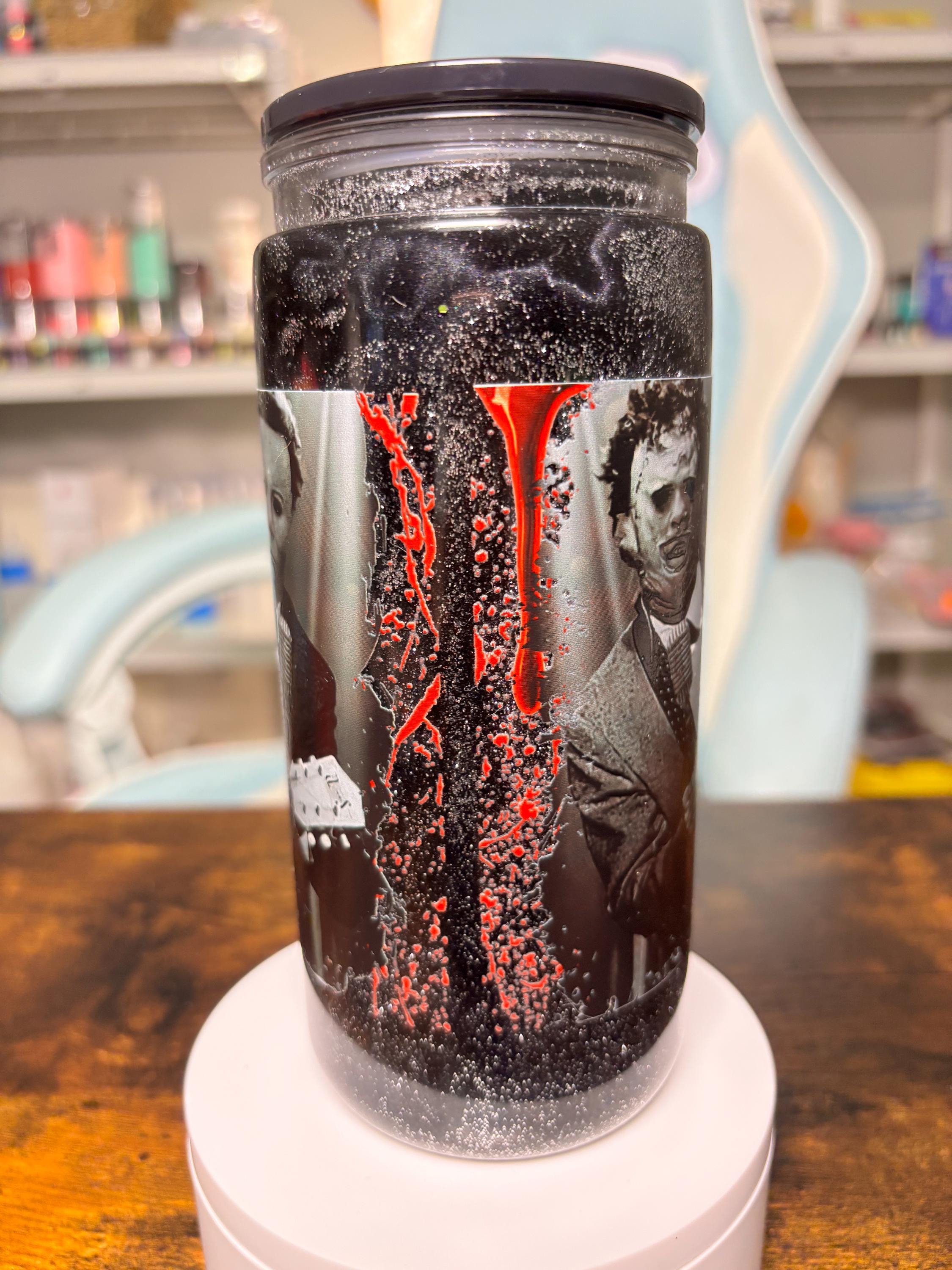 20oz Horror Guys Snowglobe Tumbler | Dreamscape Waterfall Glitter Cup | Horror Movie Villains Tumbler | Spooky Halloween Gift