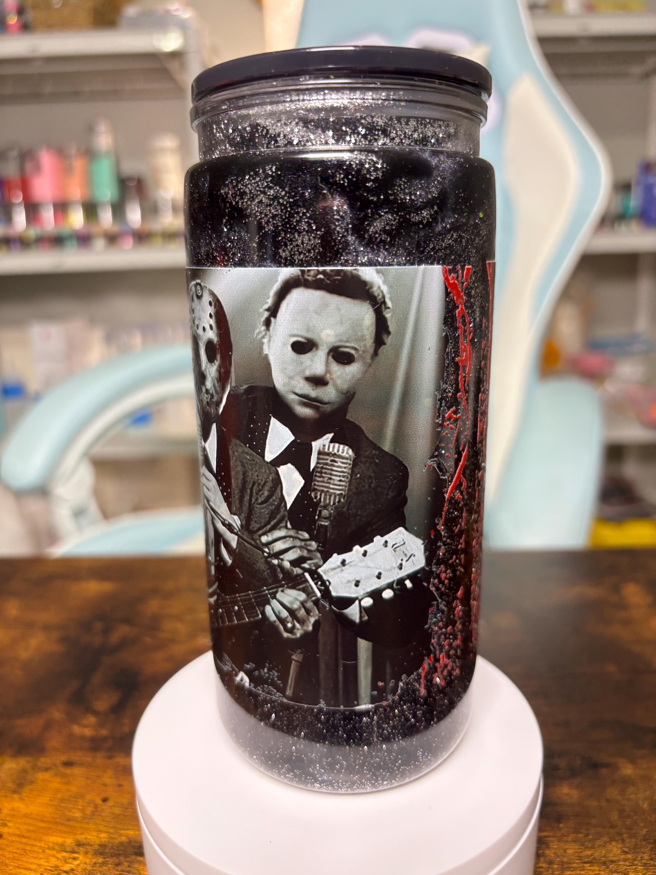 20oz Horror Guys Snowglobe Tumbler | Dreamscape Waterfall Glitter Cup | Horror Movie Villains Tumbler | Spooky Halloween Gift