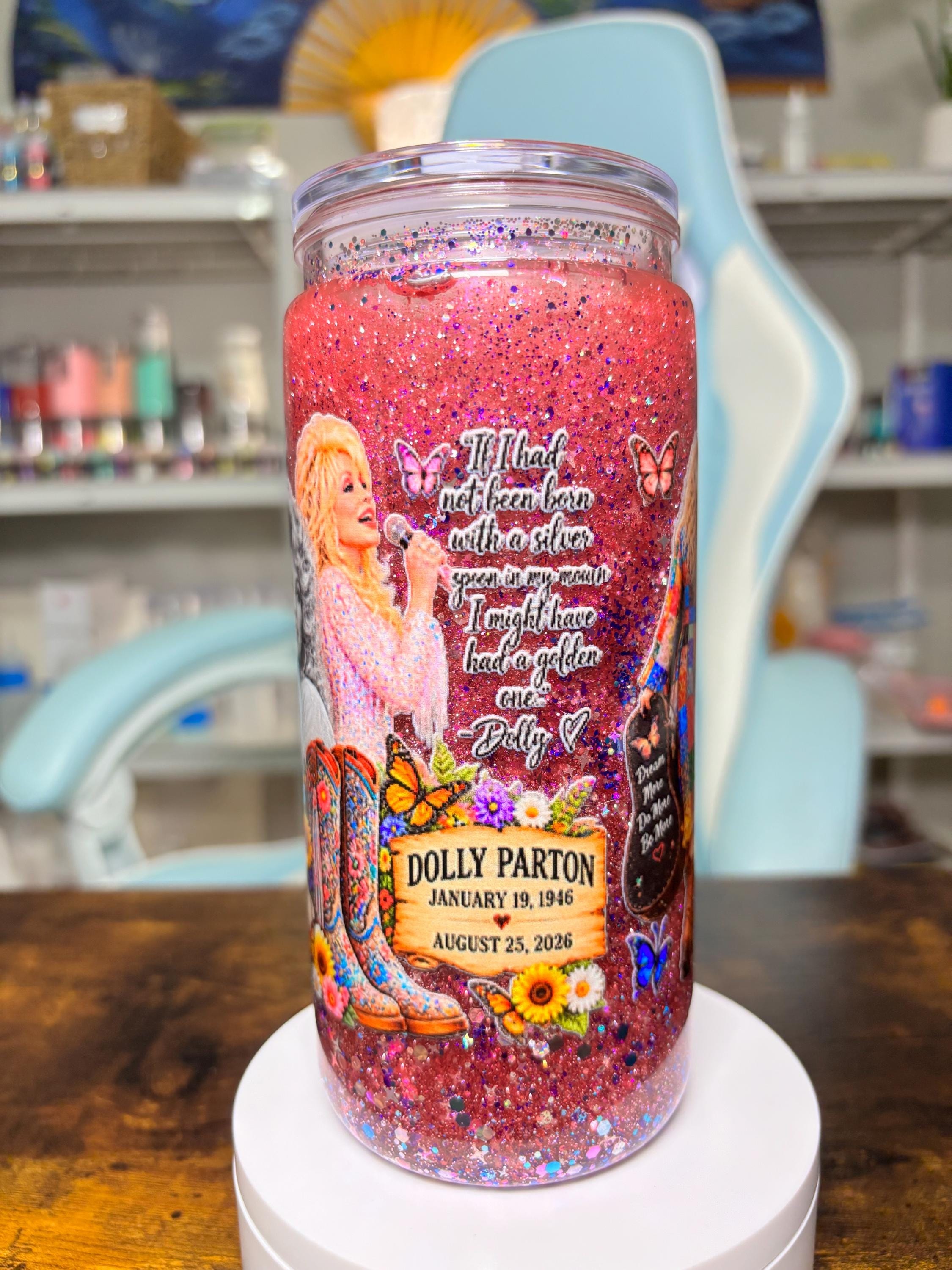 Dolly Parton 20oz Dreamscape Waterfall Snow Globe Tumbler, Coat of Many Colors Pink Glitter Country Music Cup