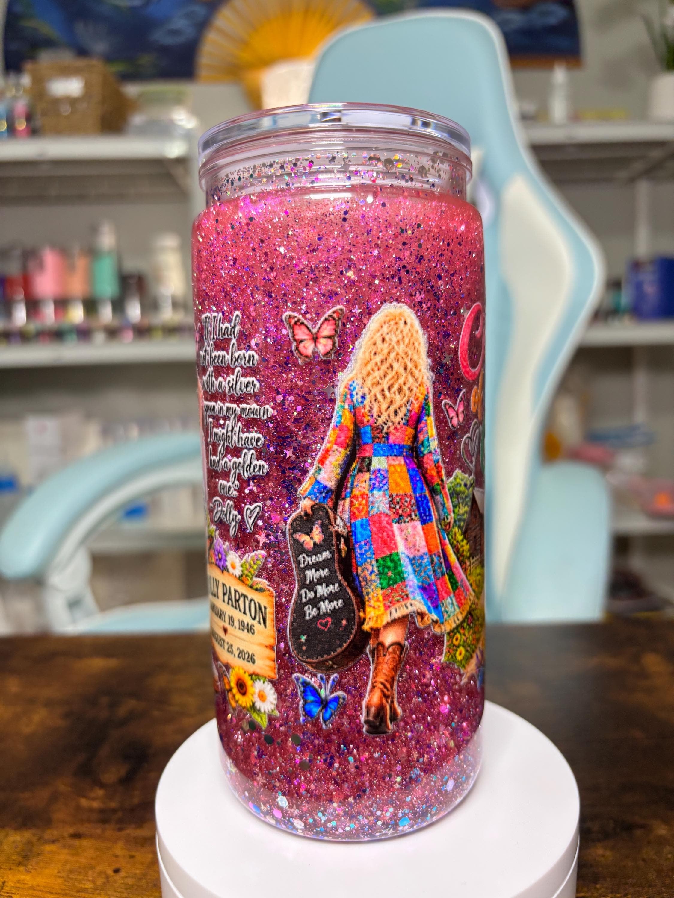 Dolly Parton 20oz Dreamscape Waterfall Snow Globe Tumbler, Coat of Many Colors Pink Glitter Country Music Cup