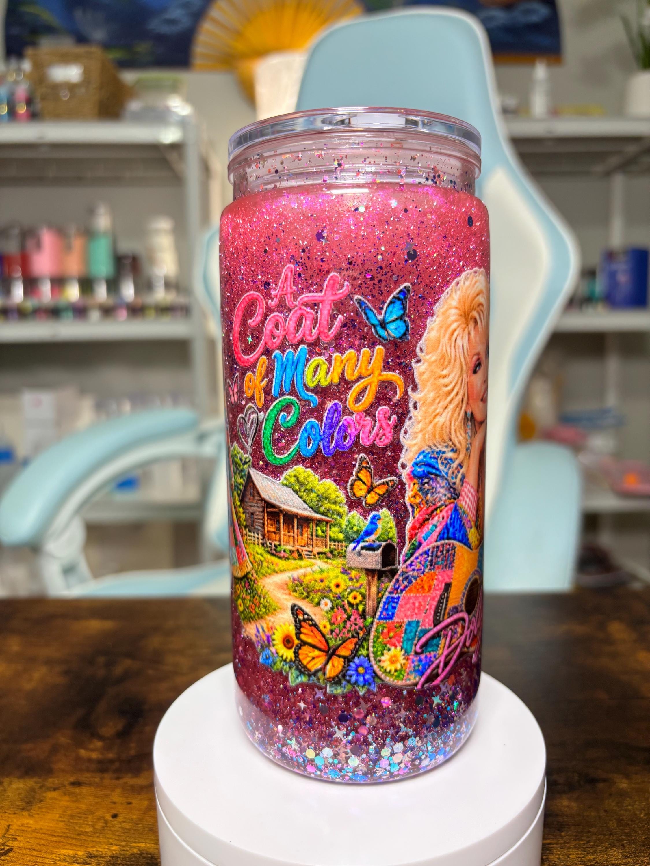 Dolly Parton 20oz Dreamscape Waterfall Snow Globe Tumbler, Coat of Many Colors Pink Glitter Country Music Cup