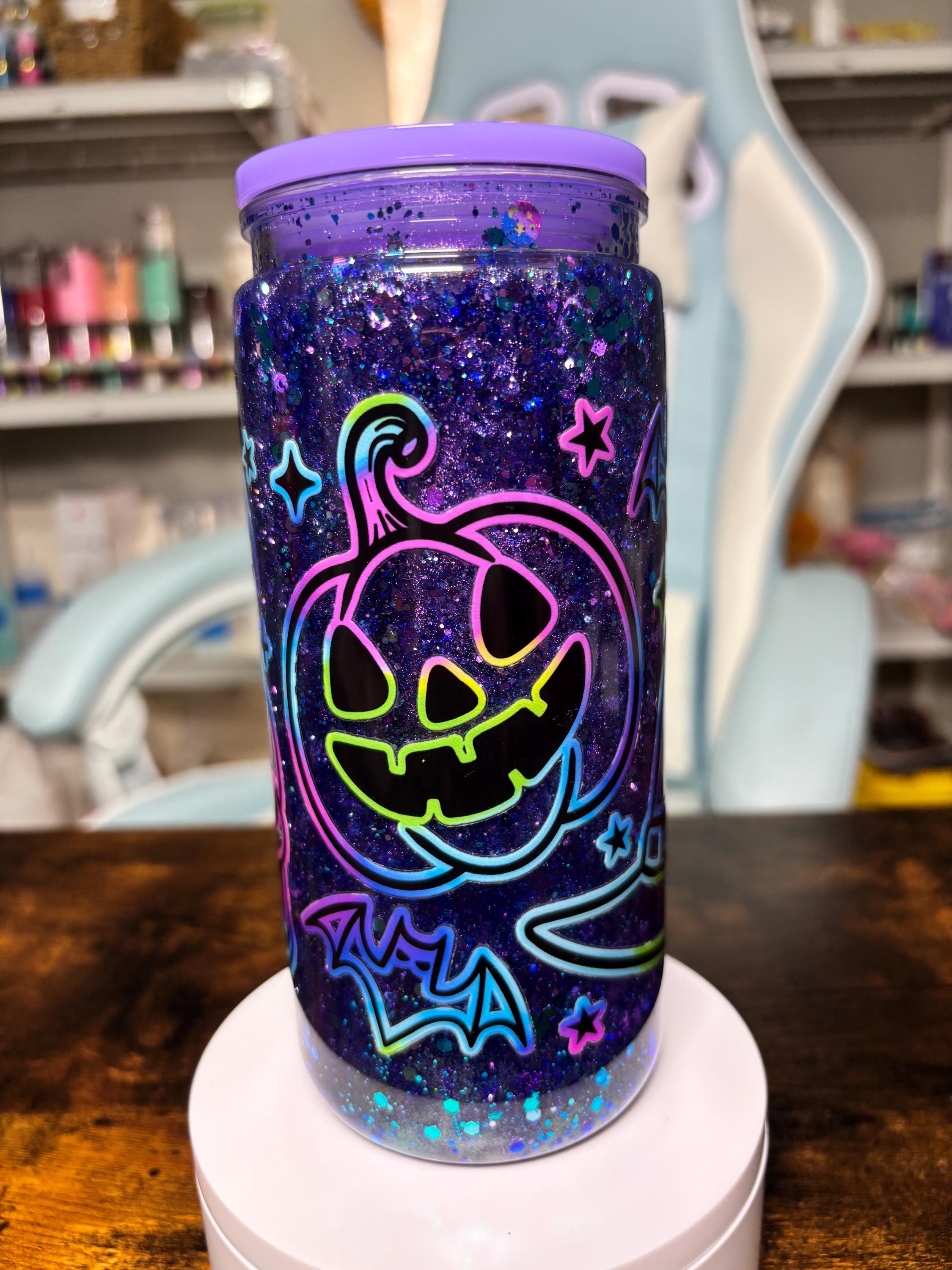 20oz Halloween Snowglobe Tumbler | Dreamscape Waterfall Glitter Cup | Neon Ghost Pumpkin Skull Tumbler | Spooky Halloween Gift