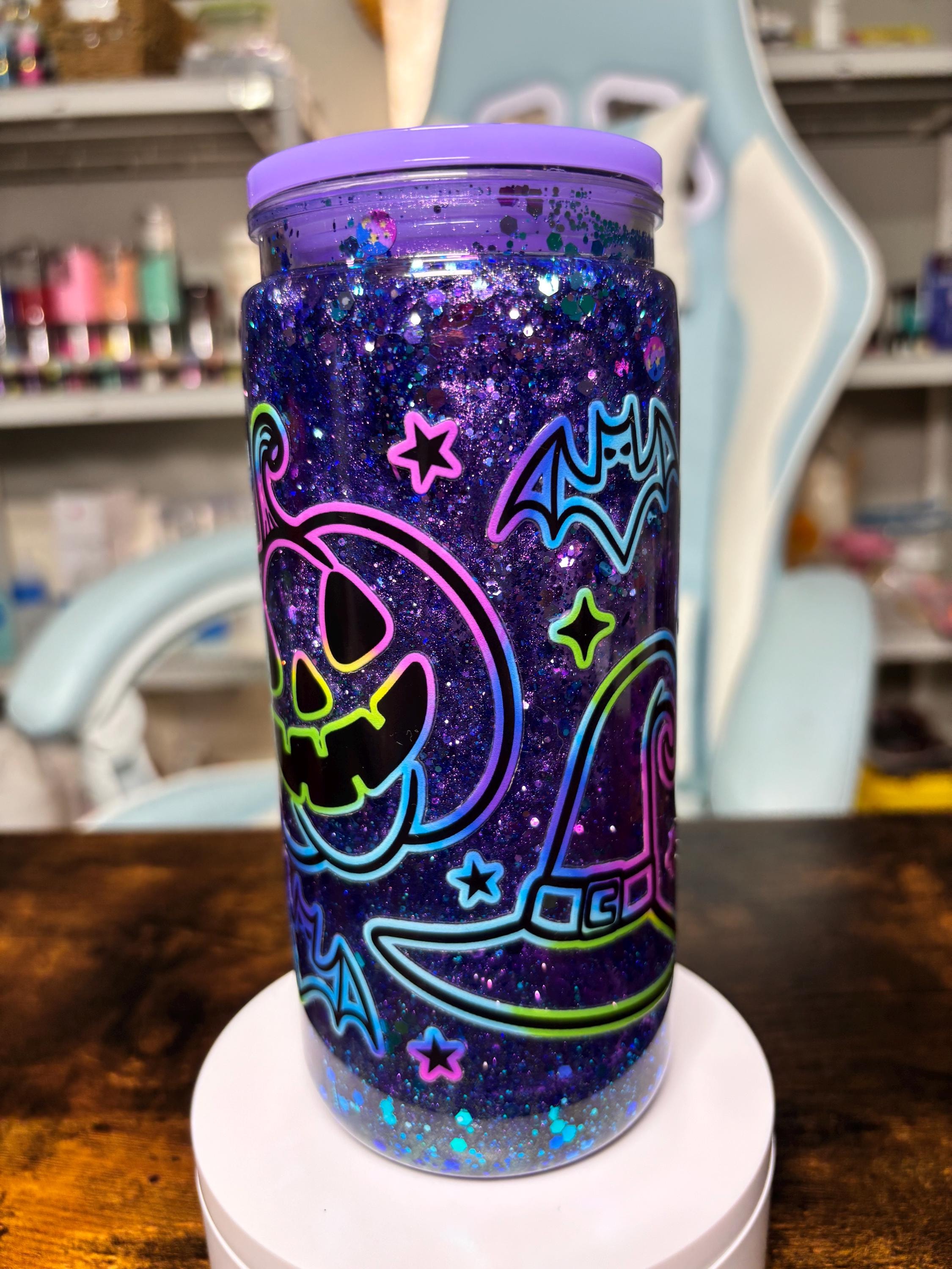 20oz Halloween Snowglobe Tumbler | Dreamscape Waterfall Glitter Cup | Neon Ghost Pumpkin Skull Tumbler | Spooky Halloween Gift