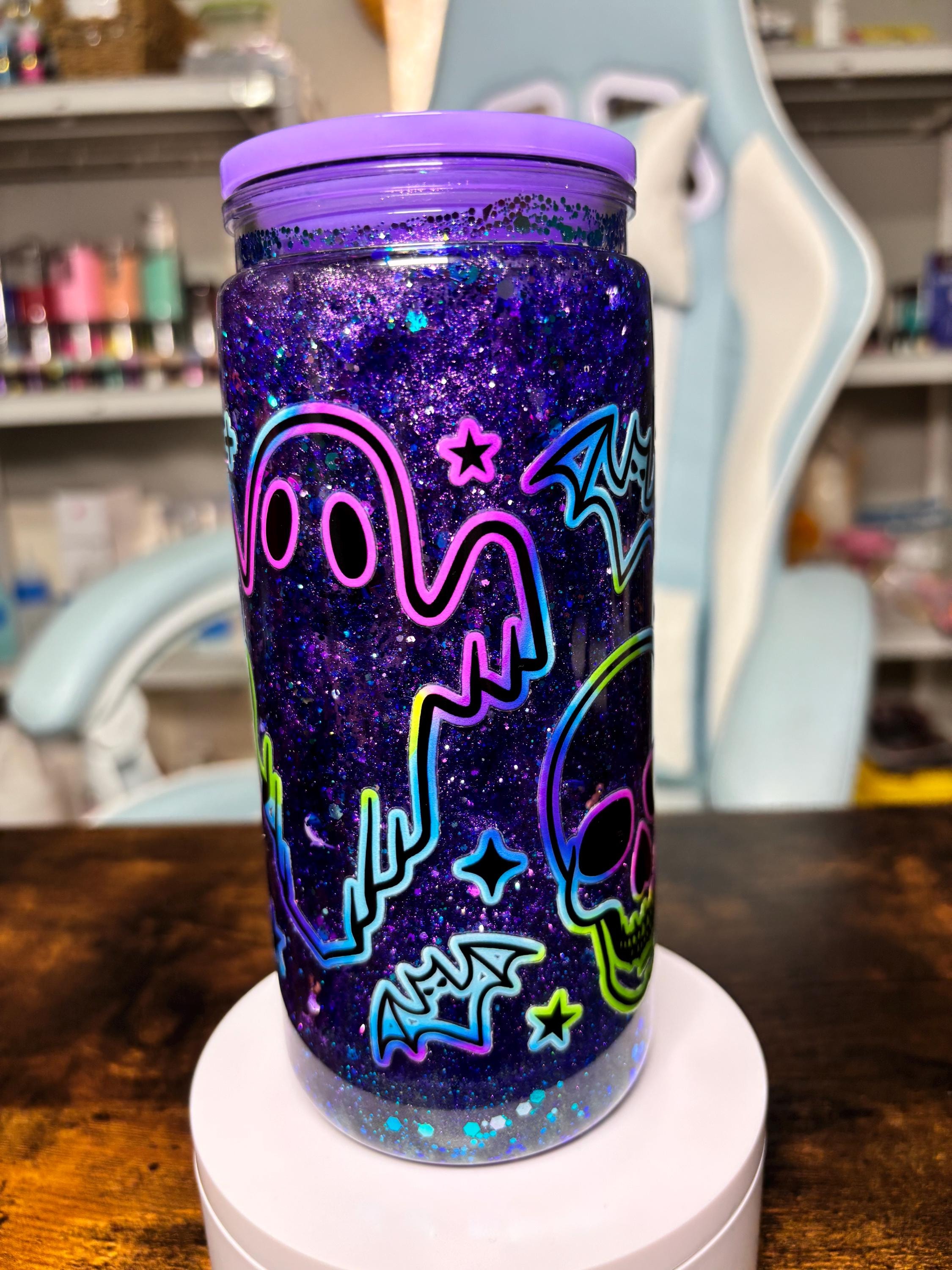 20oz Halloween Snowglobe Tumbler | Dreamscape Waterfall Glitter Cup | Neon Ghost Pumpkin Skull Tumbler | Spooky Halloween Gift