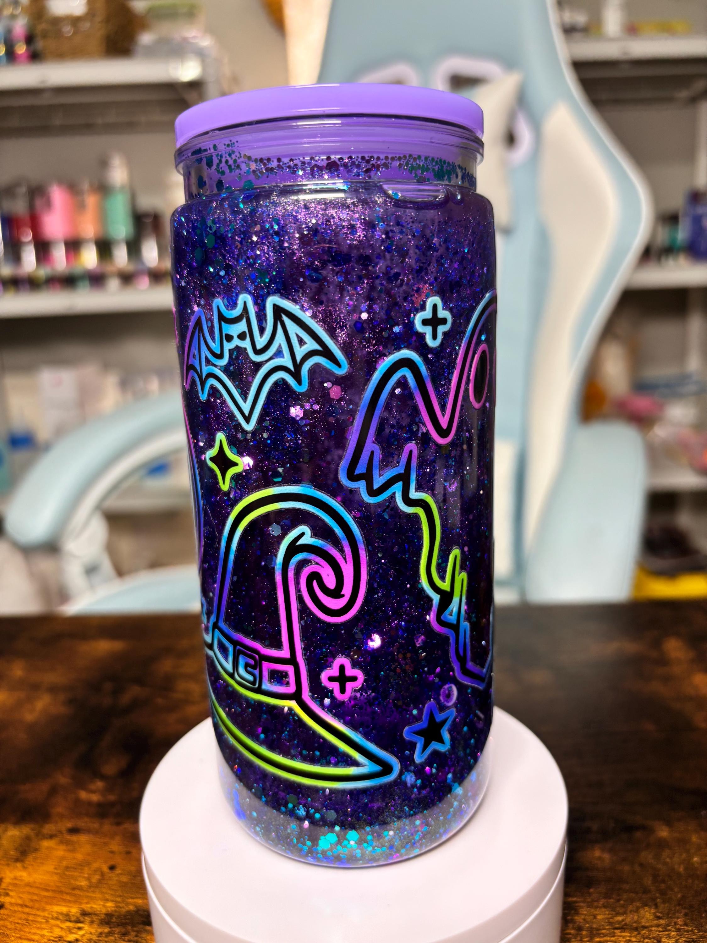 20oz Halloween Snowglobe Tumbler | Dreamscape Waterfall Glitter Cup | Neon Ghost Pumpkin Skull Tumbler | Spooky Halloween Gift