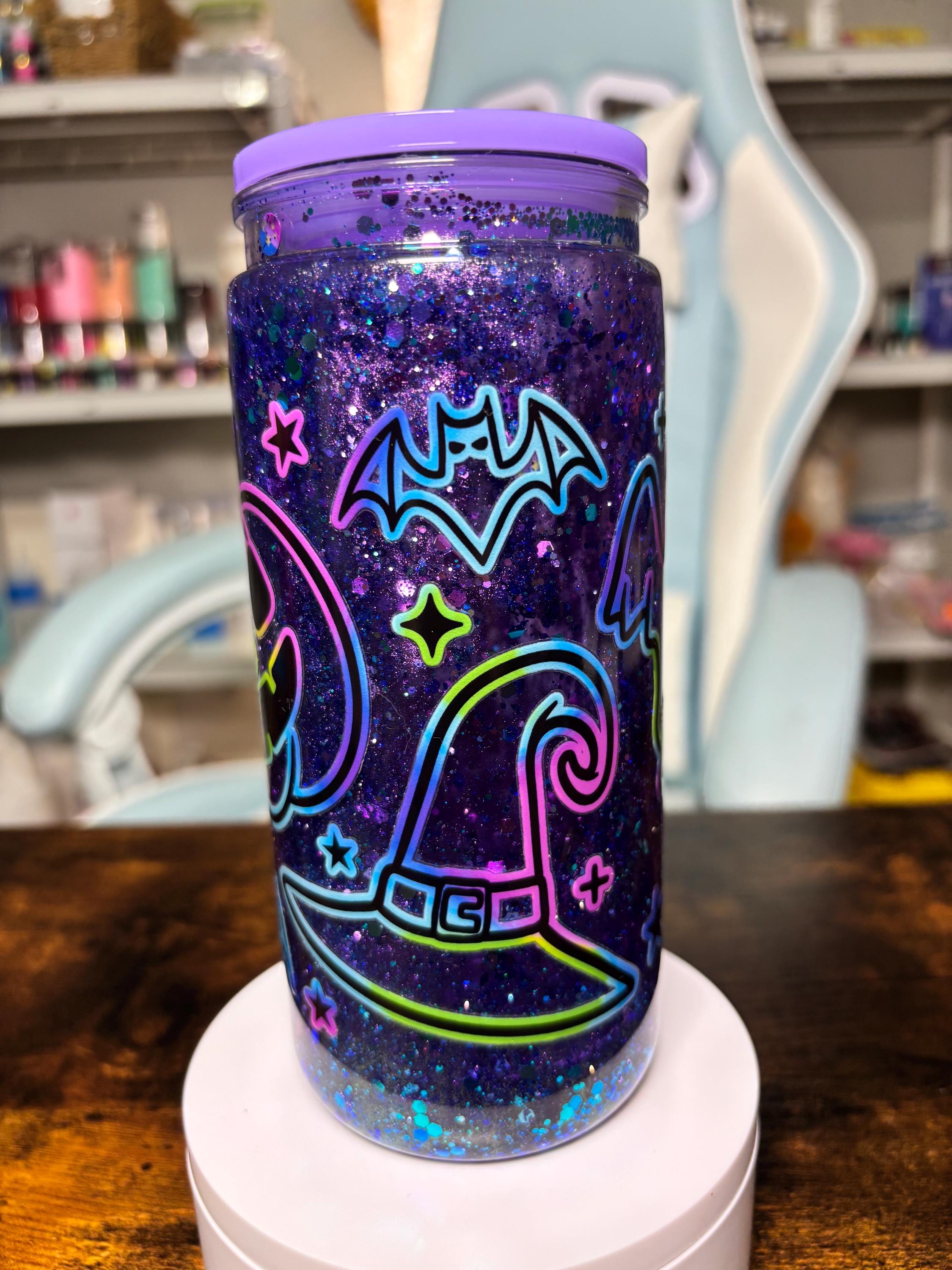 20oz Halloween Snowglobe Tumbler | Dreamscape Waterfall Glitter Cup | Neon Ghost Pumpkin Skull Tumbler | Spooky Halloween Gift