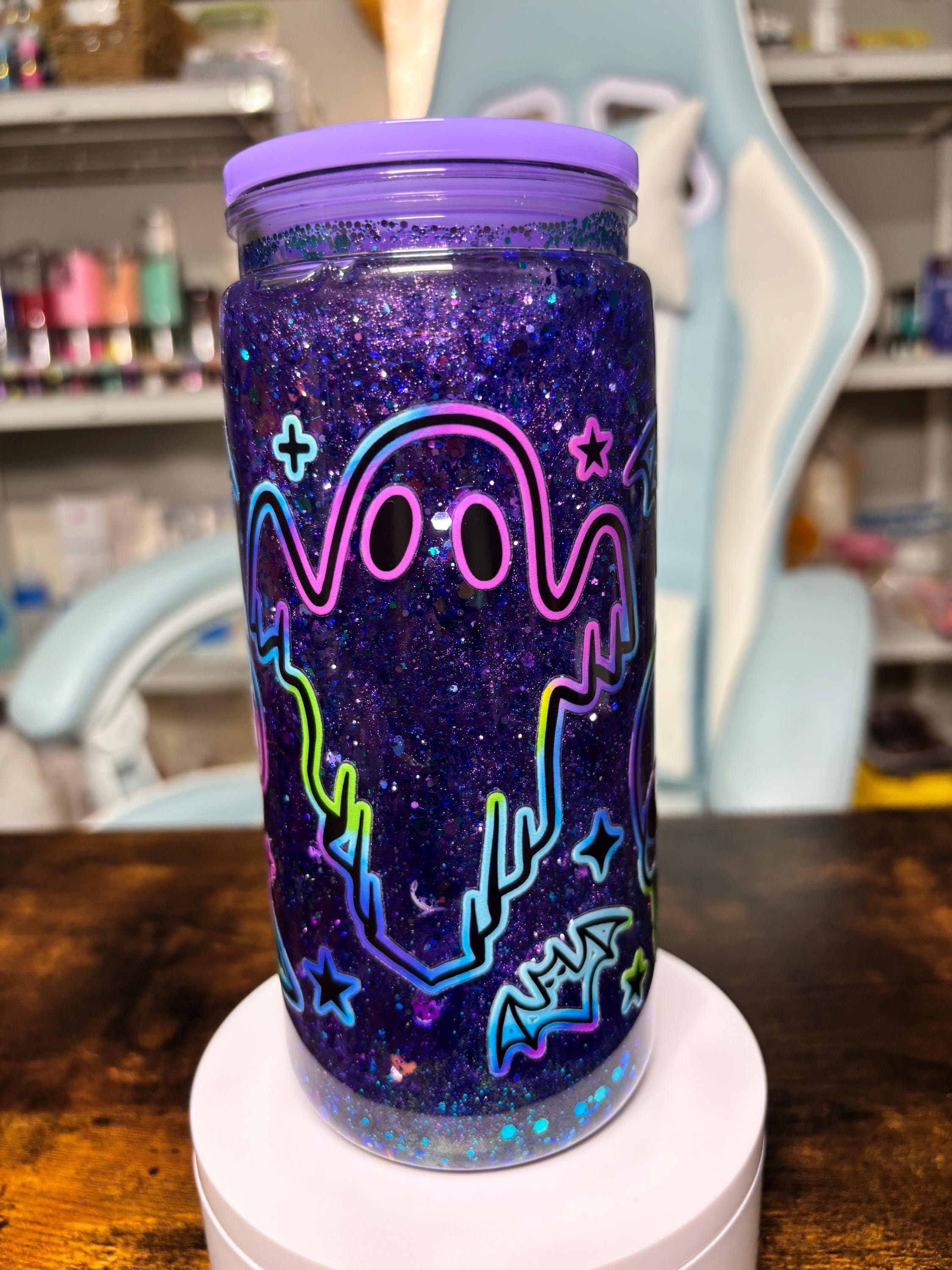 20oz Halloween Snowglobe Tumbler | Dreamscape Waterfall Glitter Cup | Neon Ghost Pumpkin Skull Tumbler | Spooky Halloween Gift