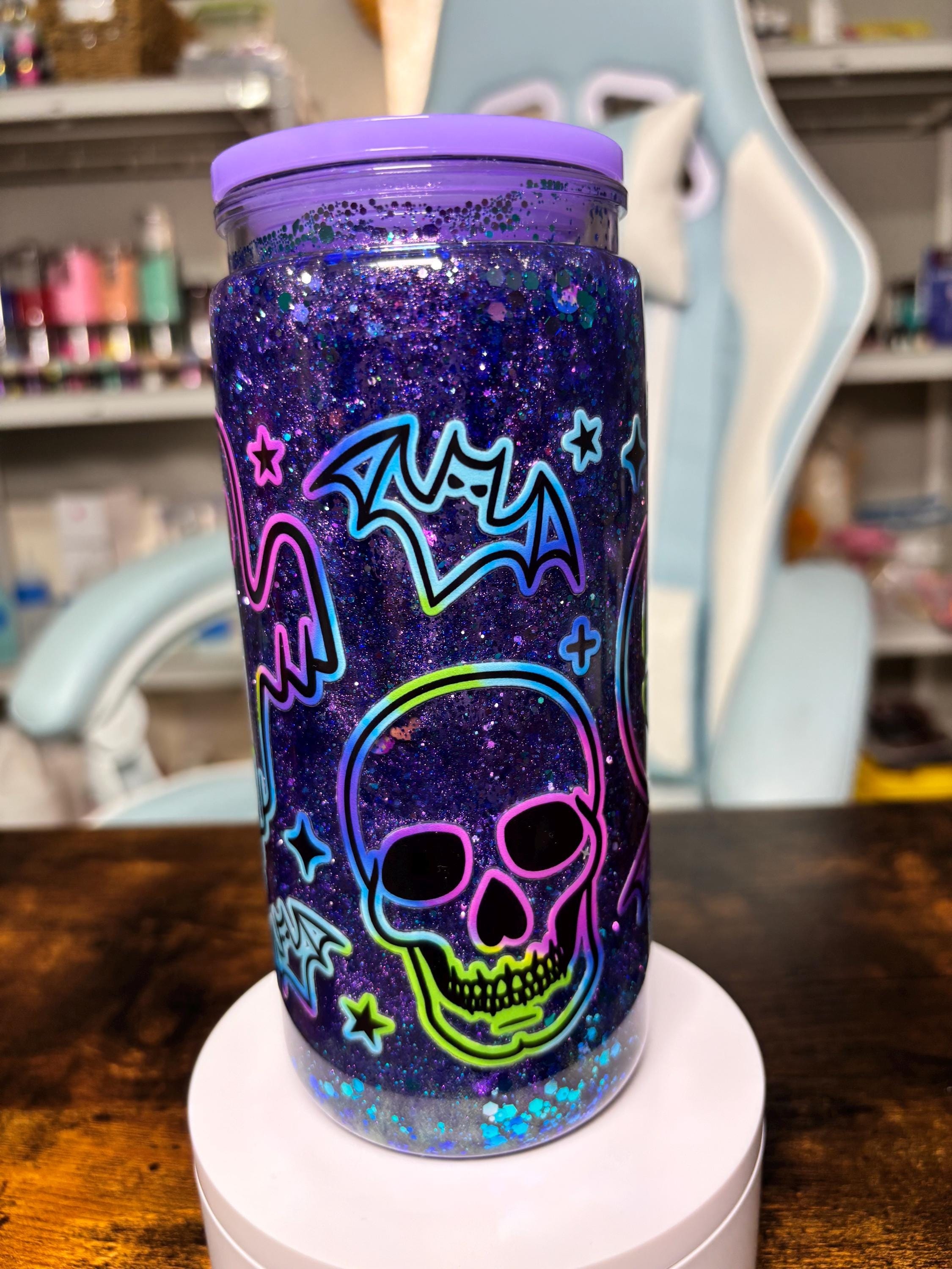 20oz Halloween Snowglobe Tumbler | Dreamscape Waterfall Glitter Cup | Neon Ghost Pumpkin Skull Tumbler | Spooky Halloween Gift